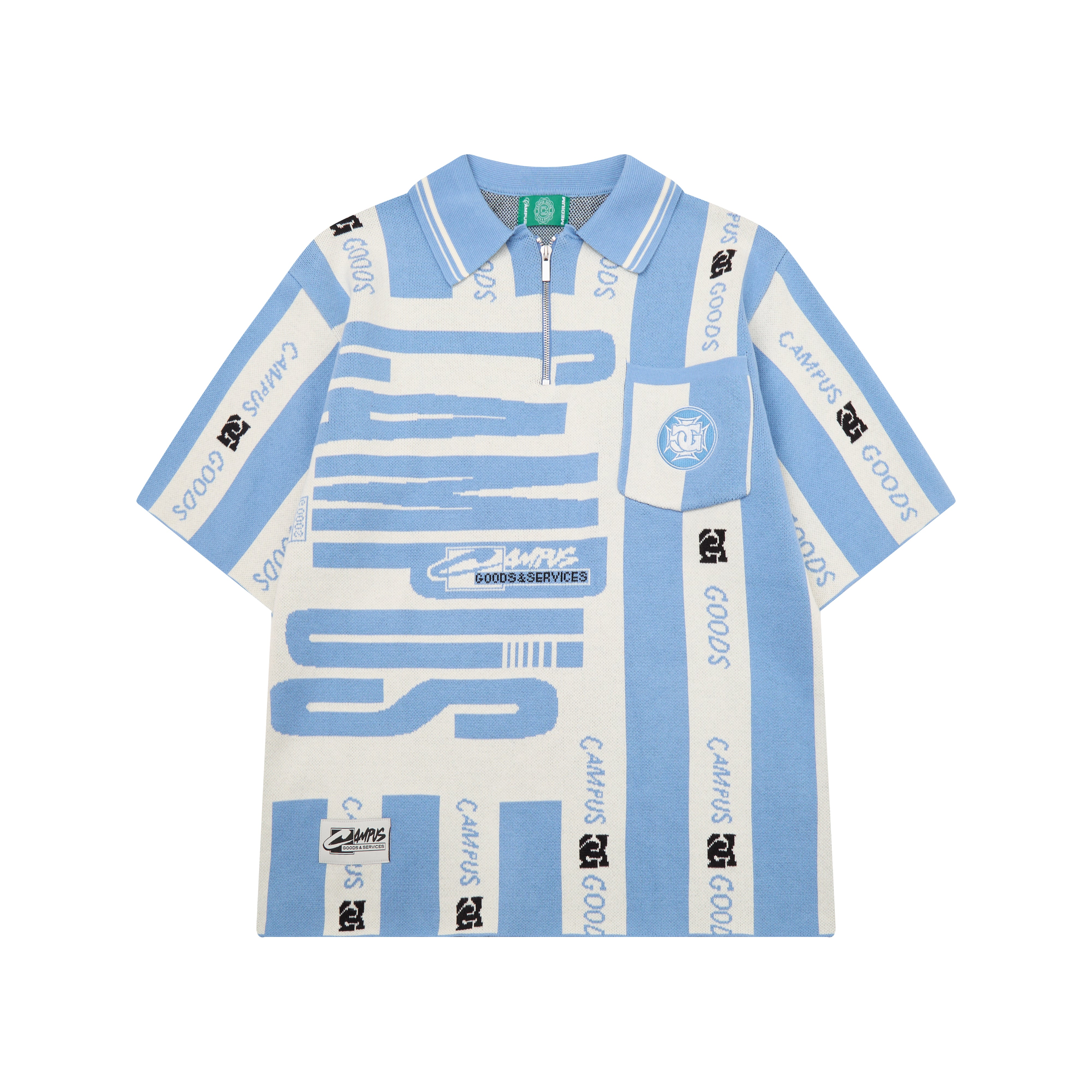 Blue and white striped shirt with CAMPUS GOODS branding on a white background
