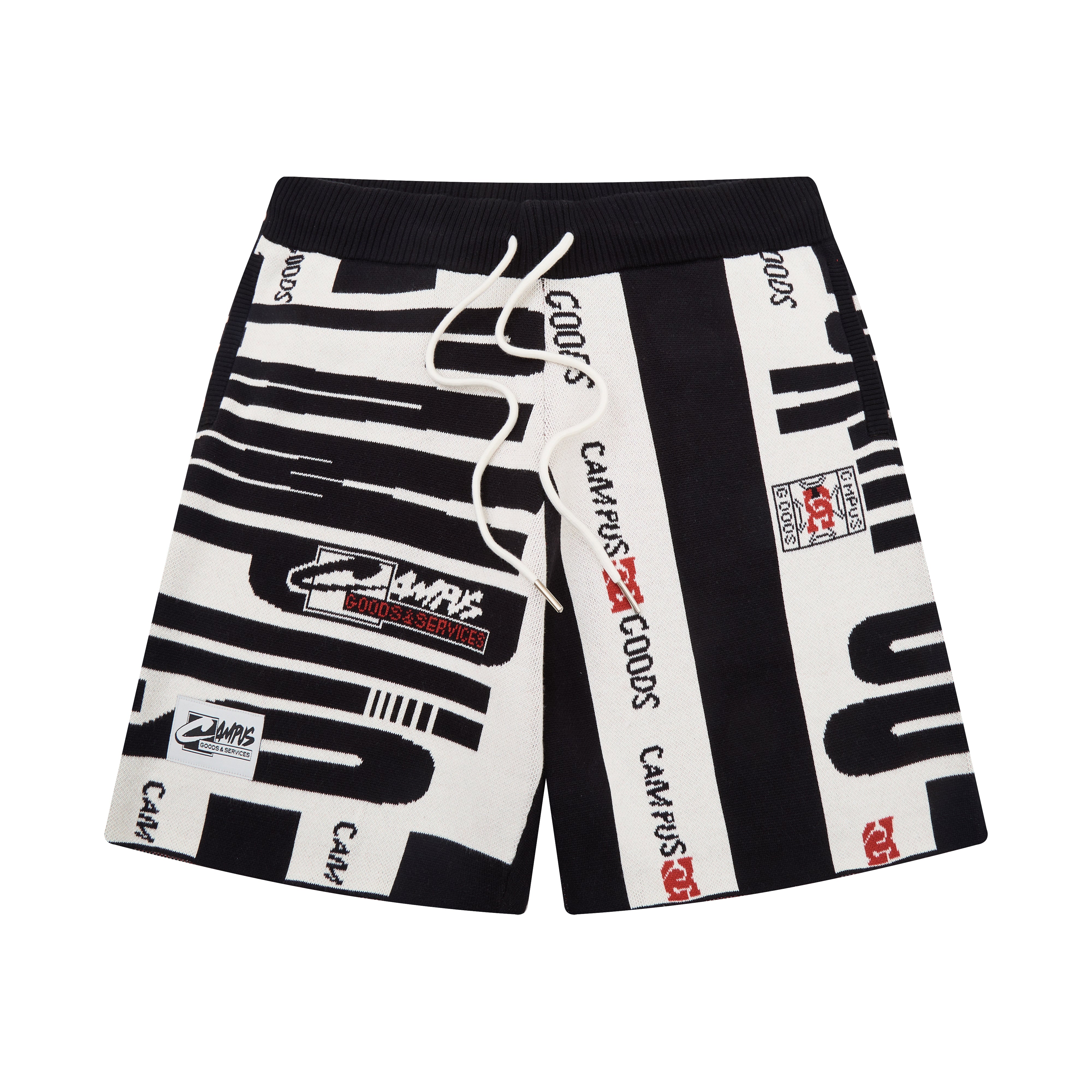 Black and white shorts with CAMPUS GOODS branding on a white background