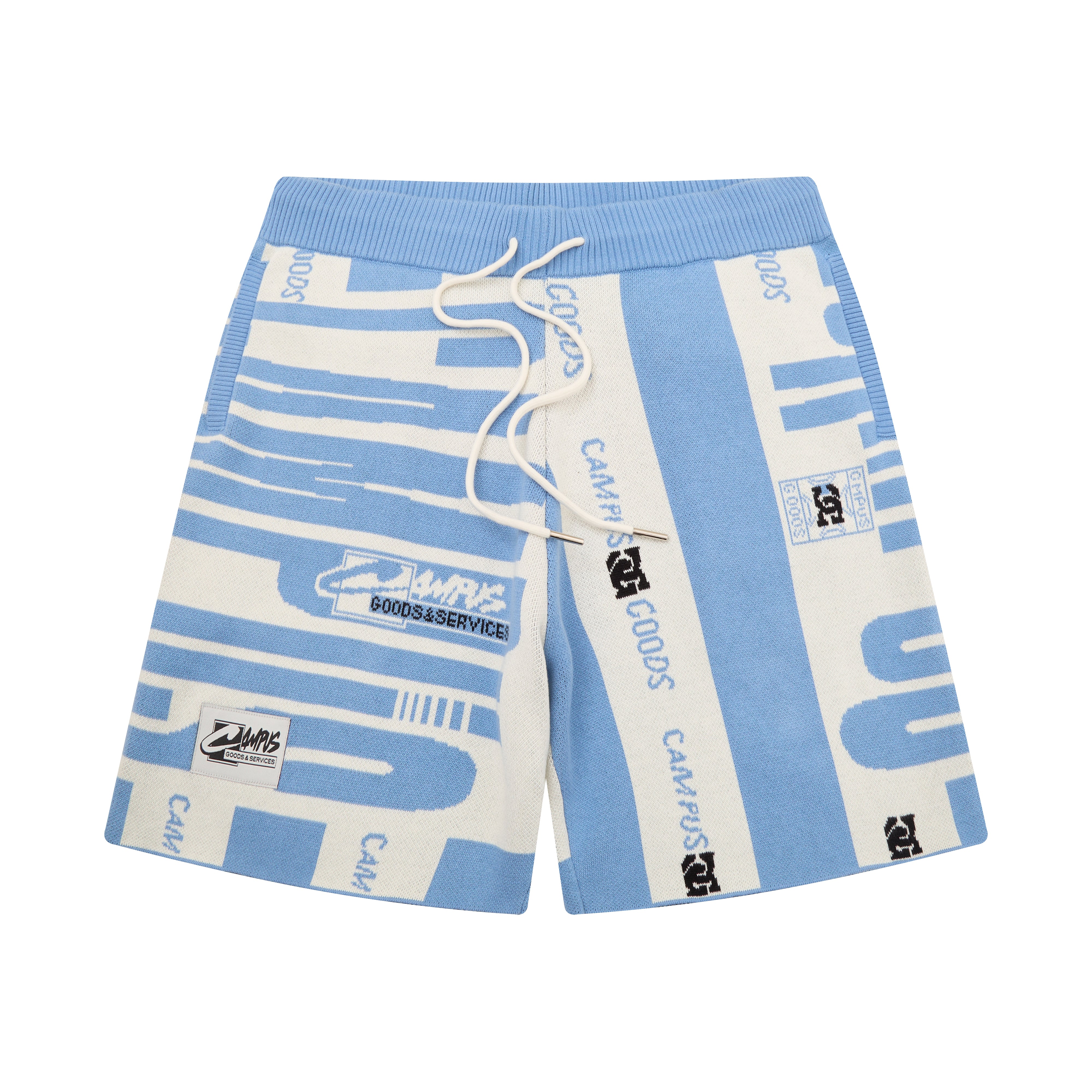 Blue and white striped shorts with brand logos on a white background