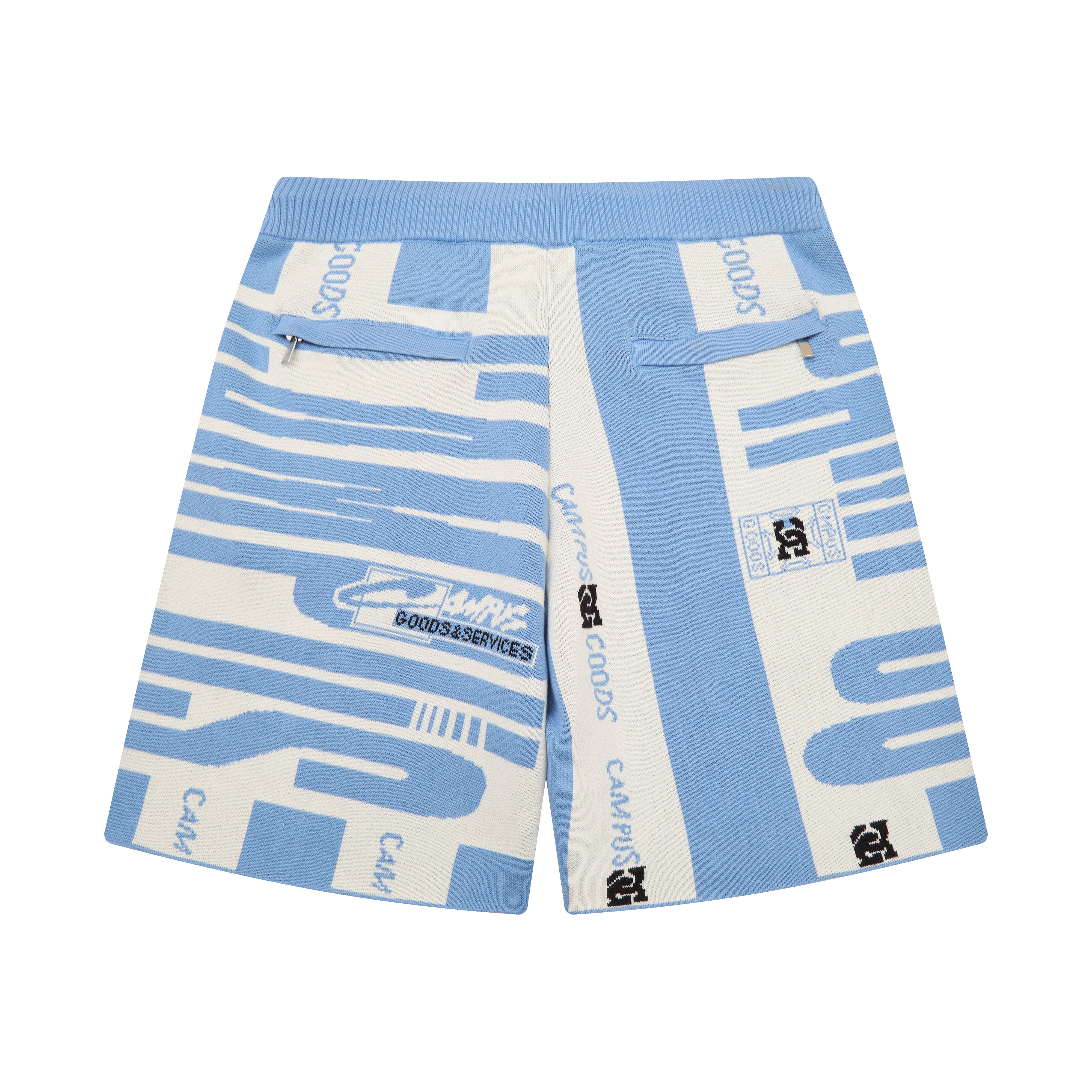 Blue and white shorts with branding on a white background