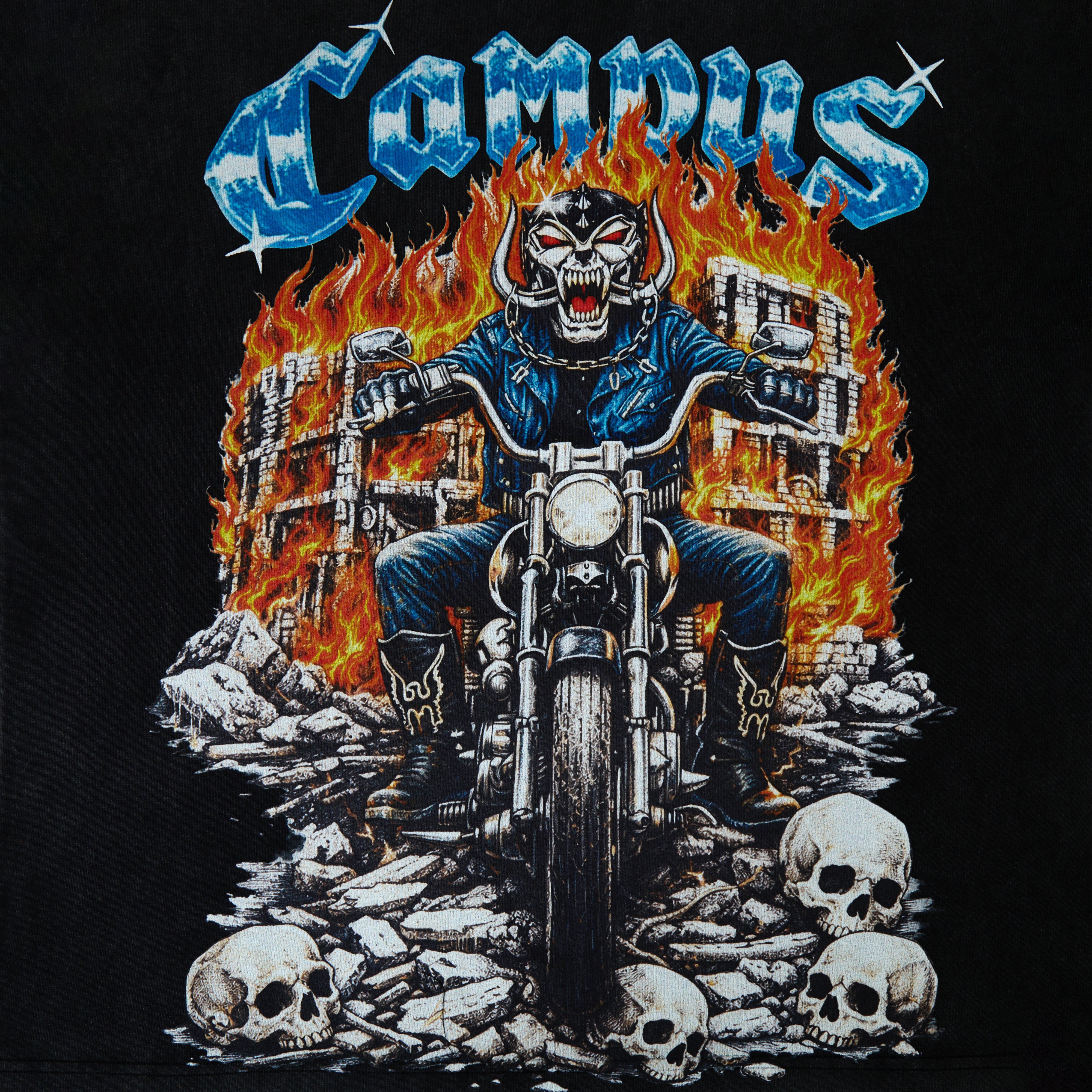 Campus Goods Chopper Tee Black – close-up of front graphic, skull-faced biker in flames with Campus lettering