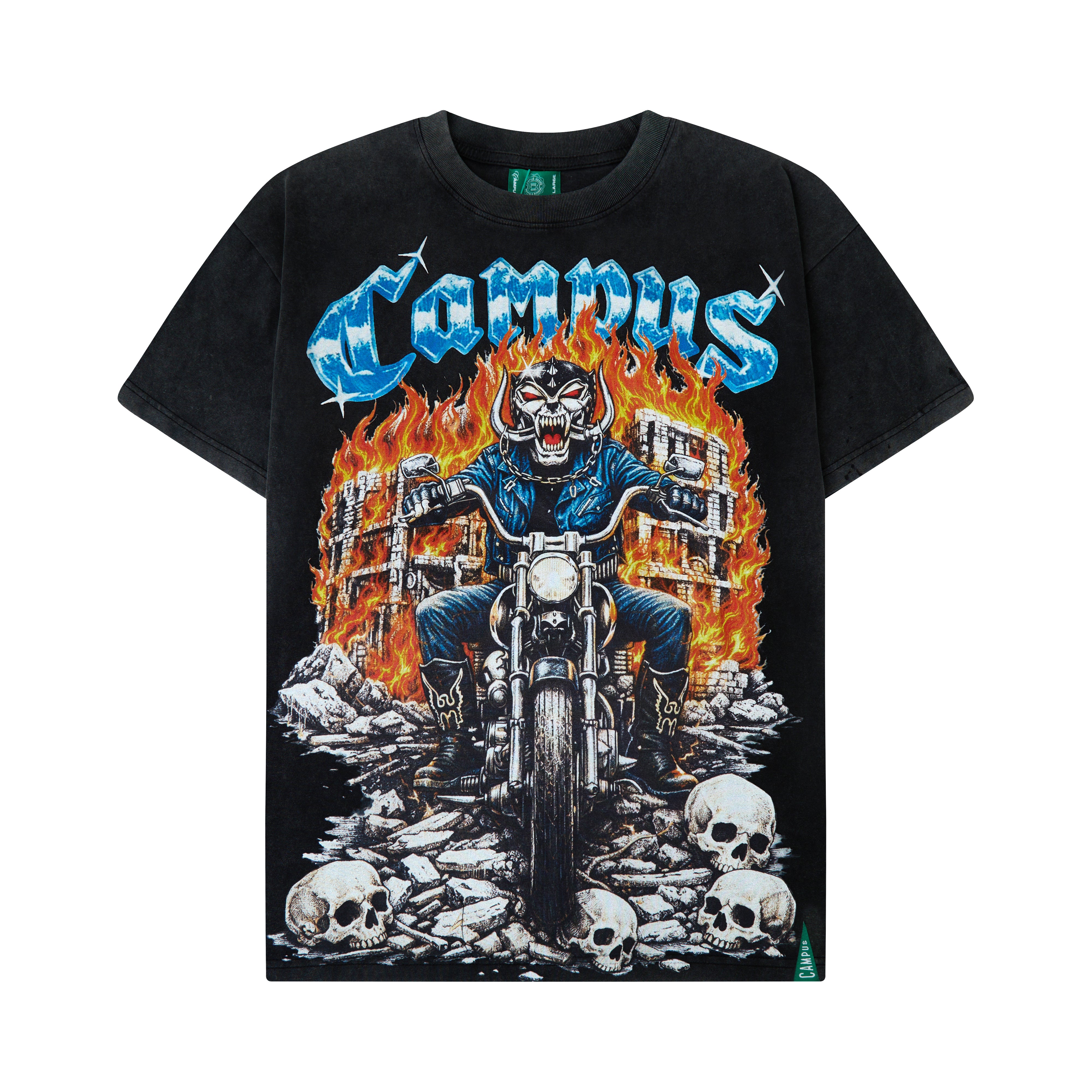Campus Goods Chopper Tee Black – full detail of front graphic, skull-faced biker in flames with Campus lettering