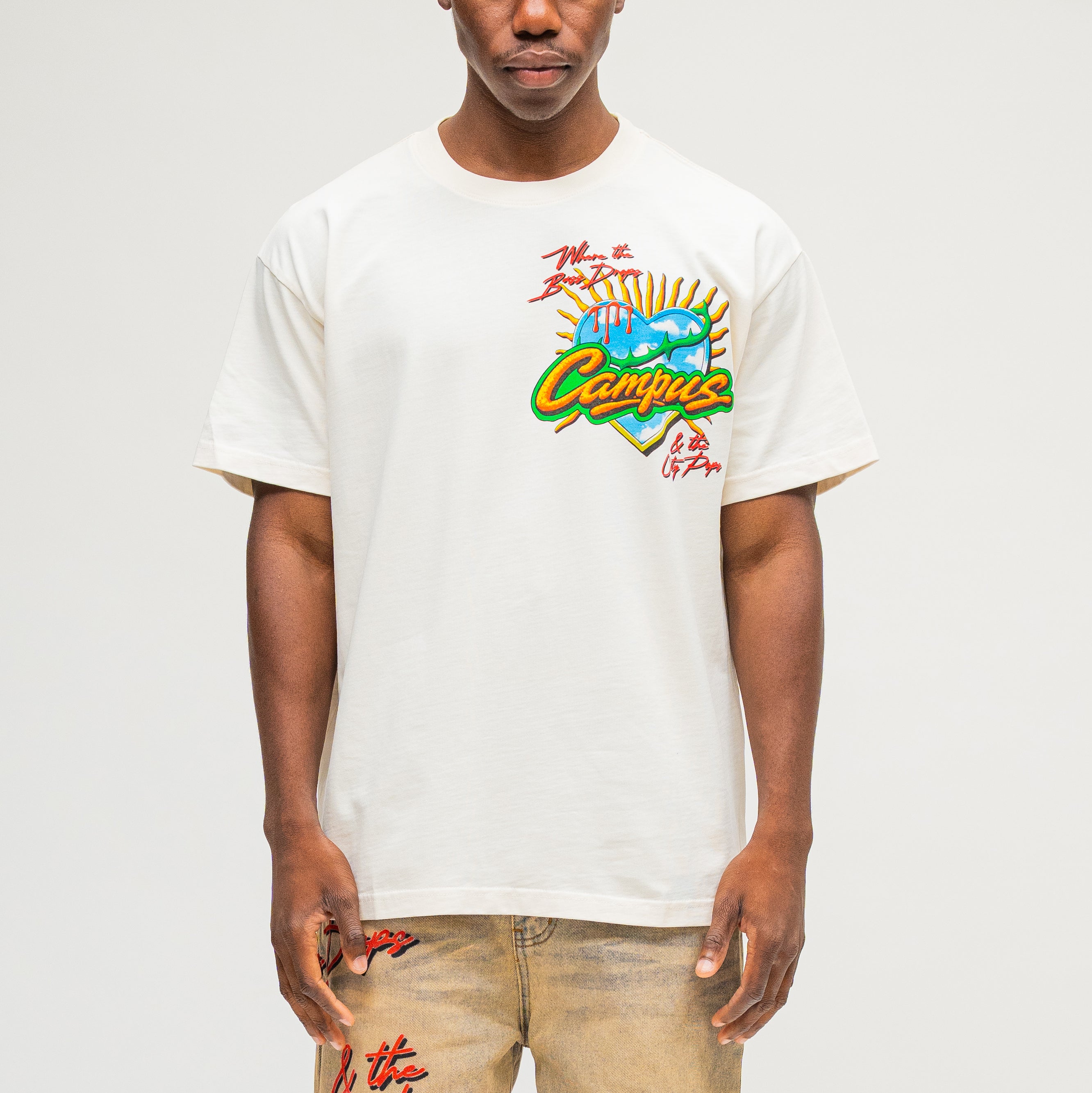 CAMPUS GOODS LA Friday Tee in Cream, front view, Campus logo sun-burst chest graphic