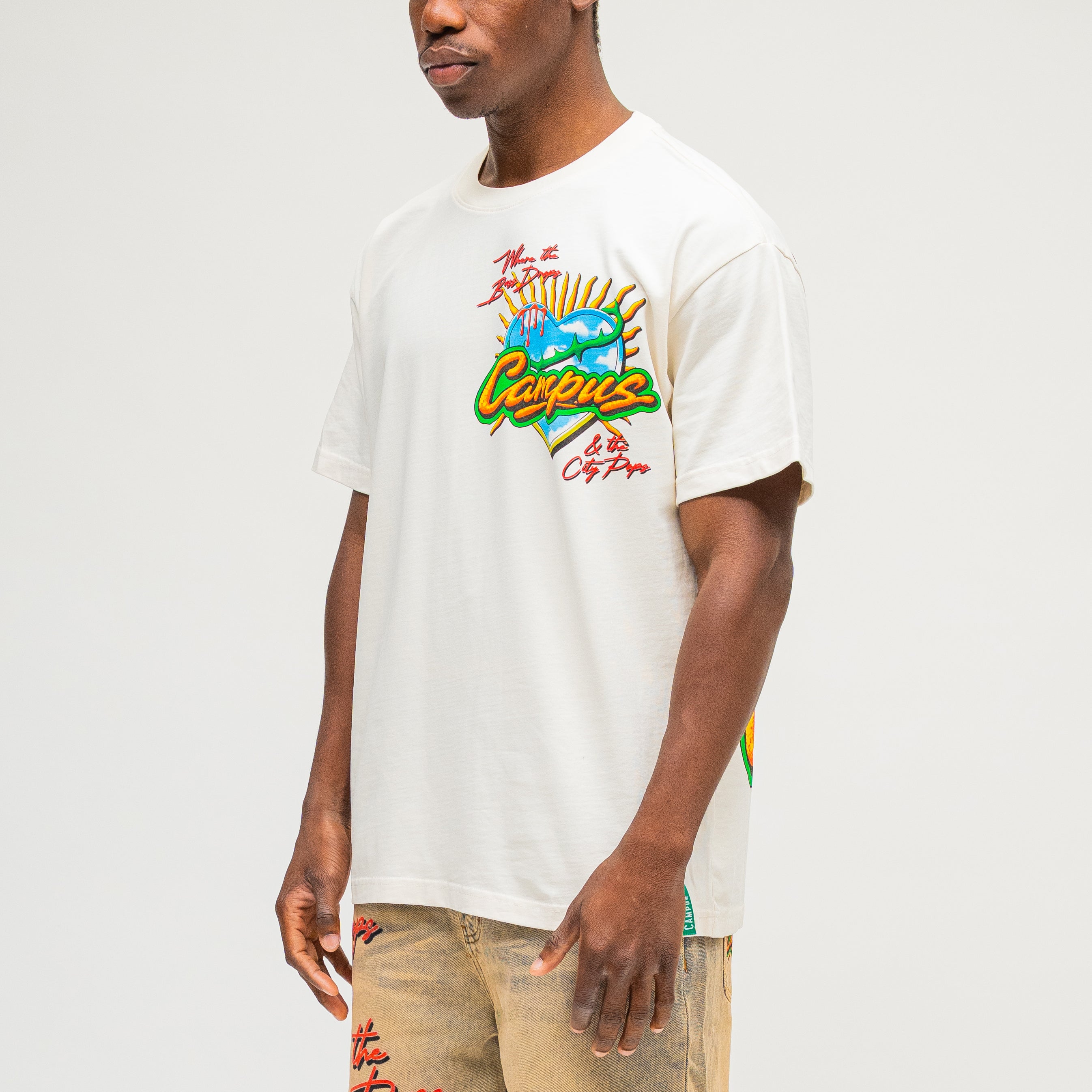 CAMPUS GOODS LA Friday Tee in Cream, three-quarter front view, chest graphic detail