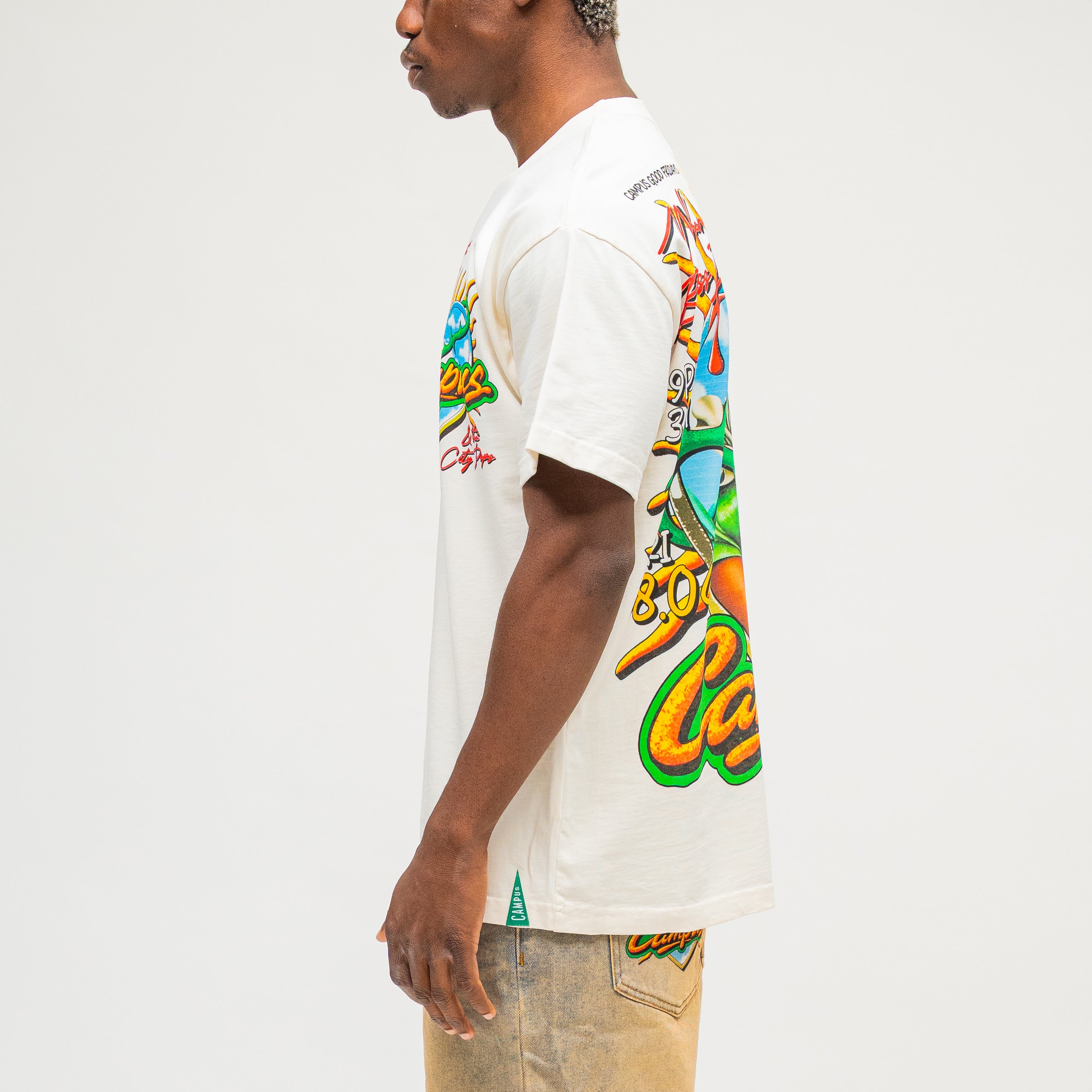 CAMPUS GOODS LA Friday Tee in Cream, side view, full graphic wrap detail