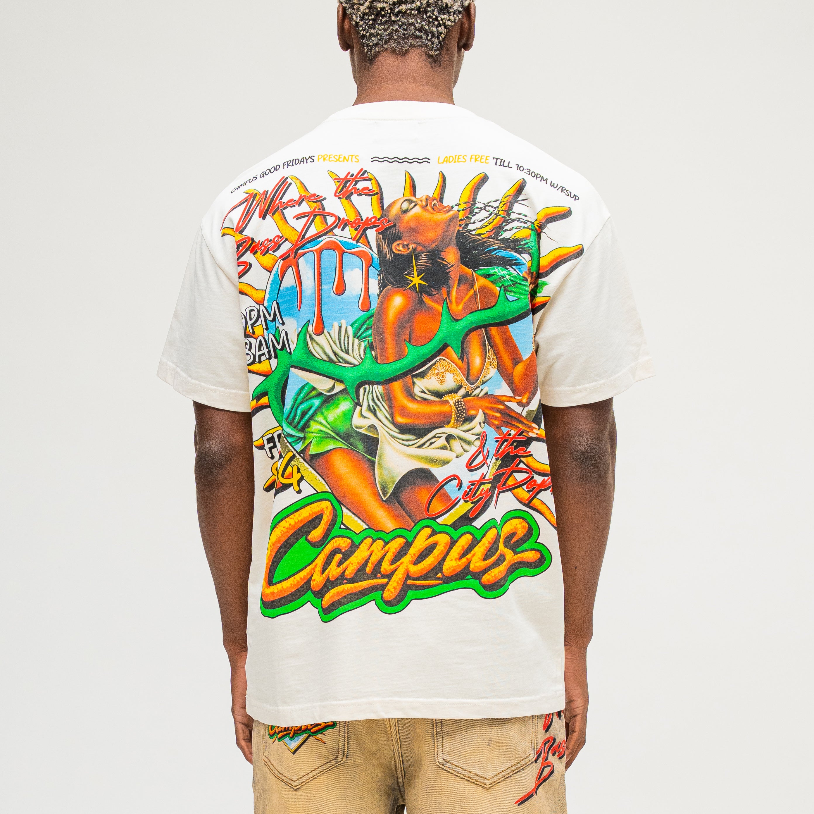 CAMPUS GOODS LA Friday Tee in Cream, back view, Campus Good Fridays event poster graphic