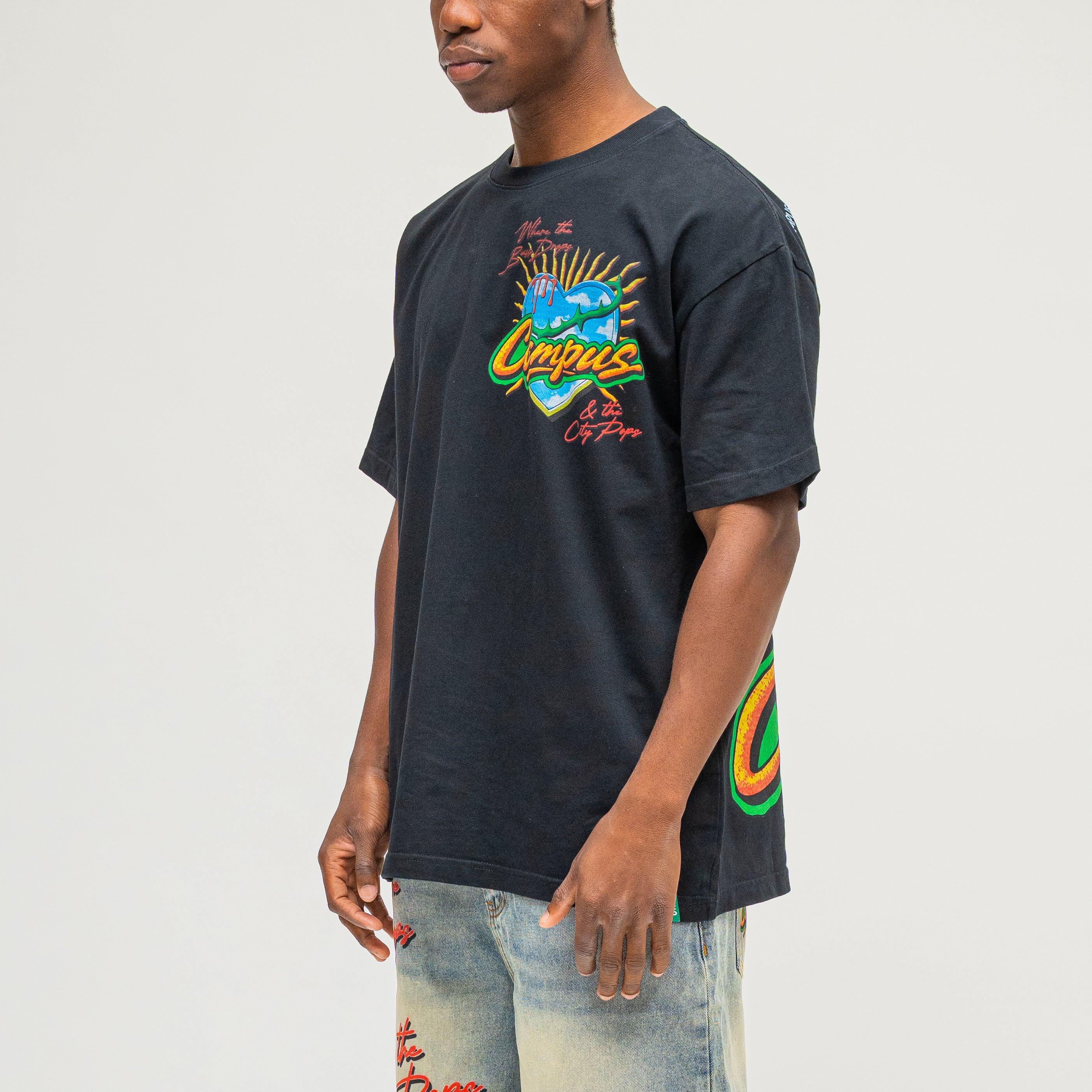 Side view (front graphic visible), lifestyle on model