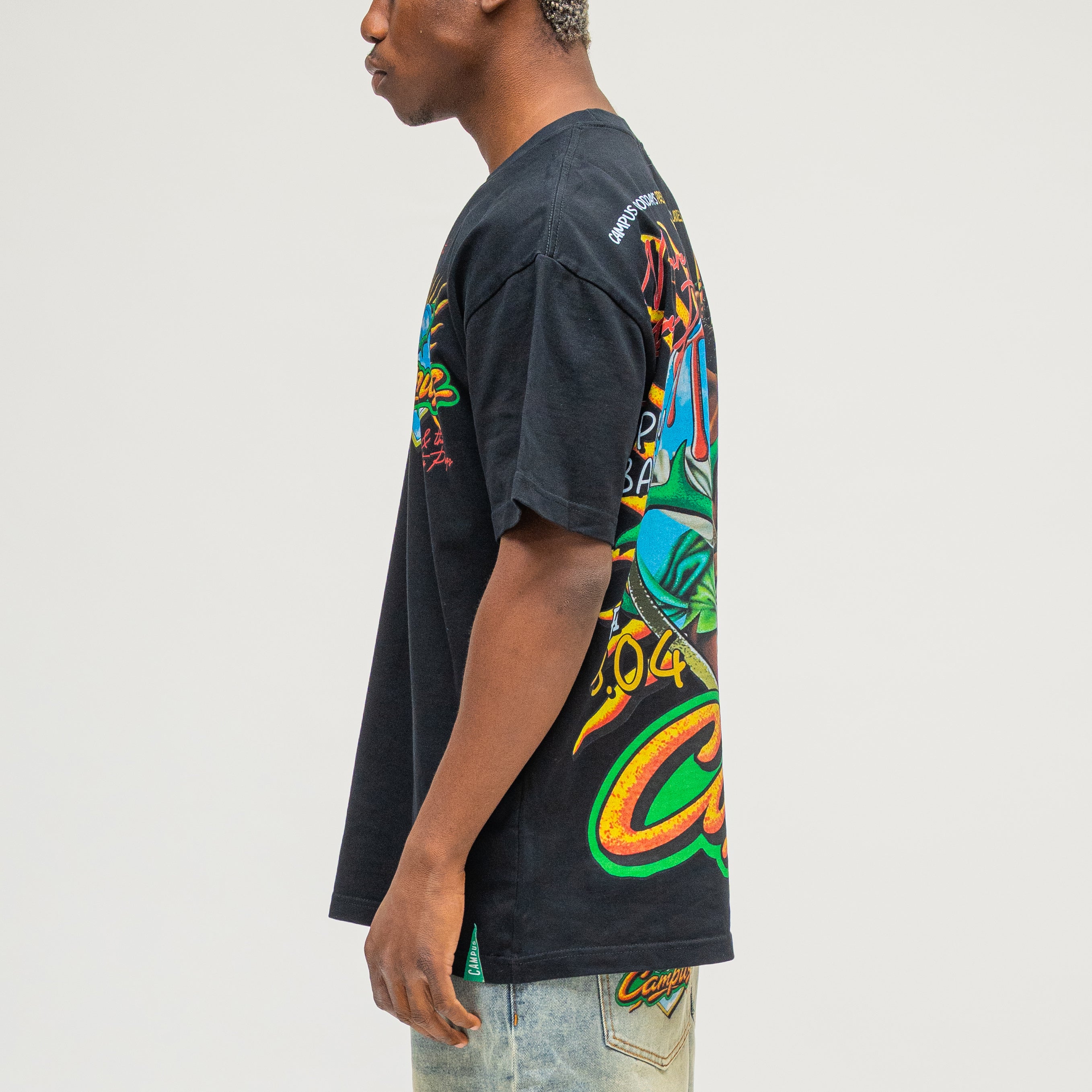 Side view (back graphic visible), lifestyle on model