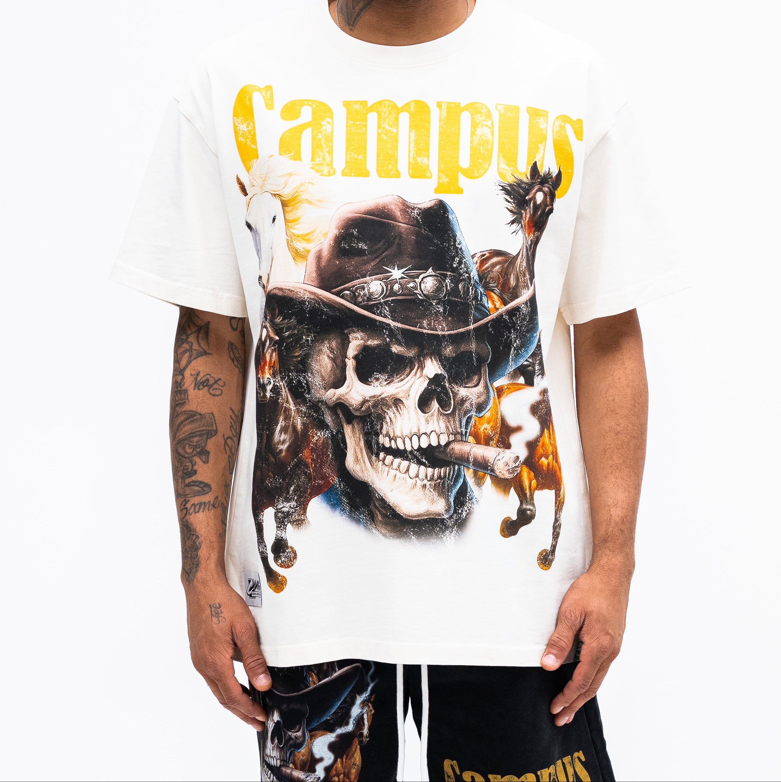 Person wearing a white t-shirt with a graphic design and text on a white background