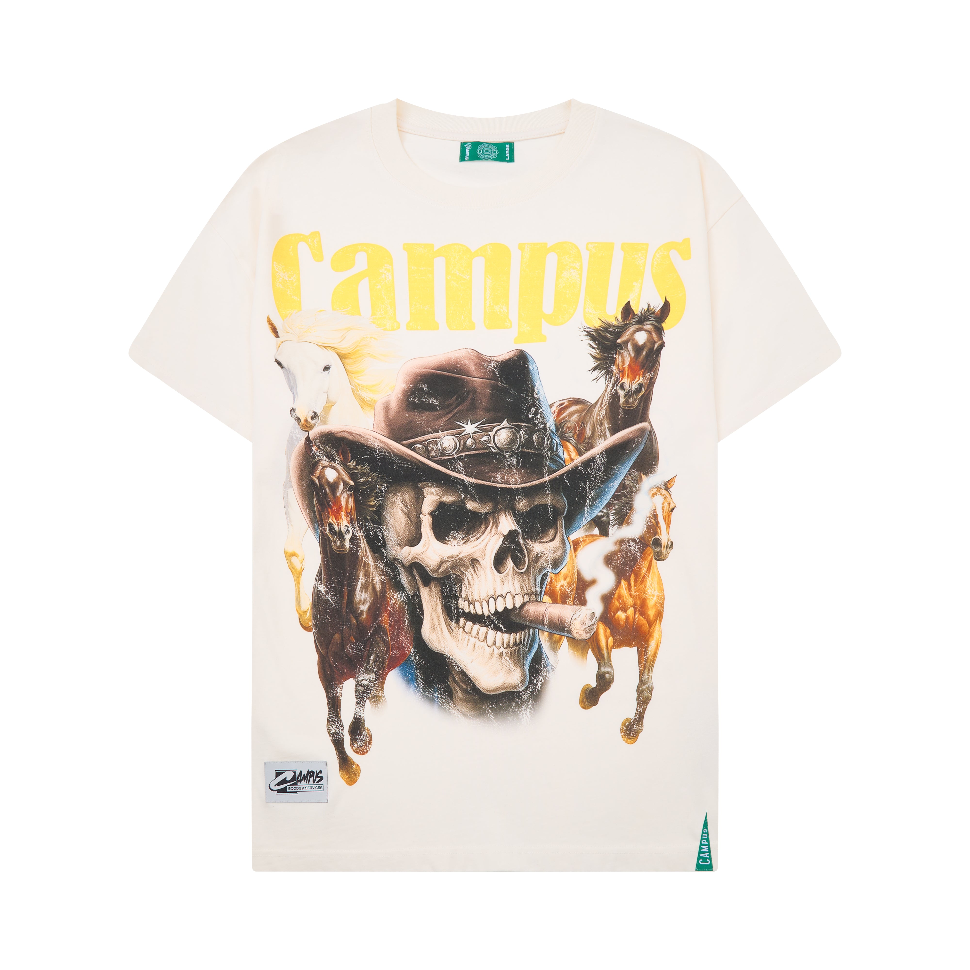 White t-shirt with a graphic design featuring a skull, horses, and the word 'Campus'.