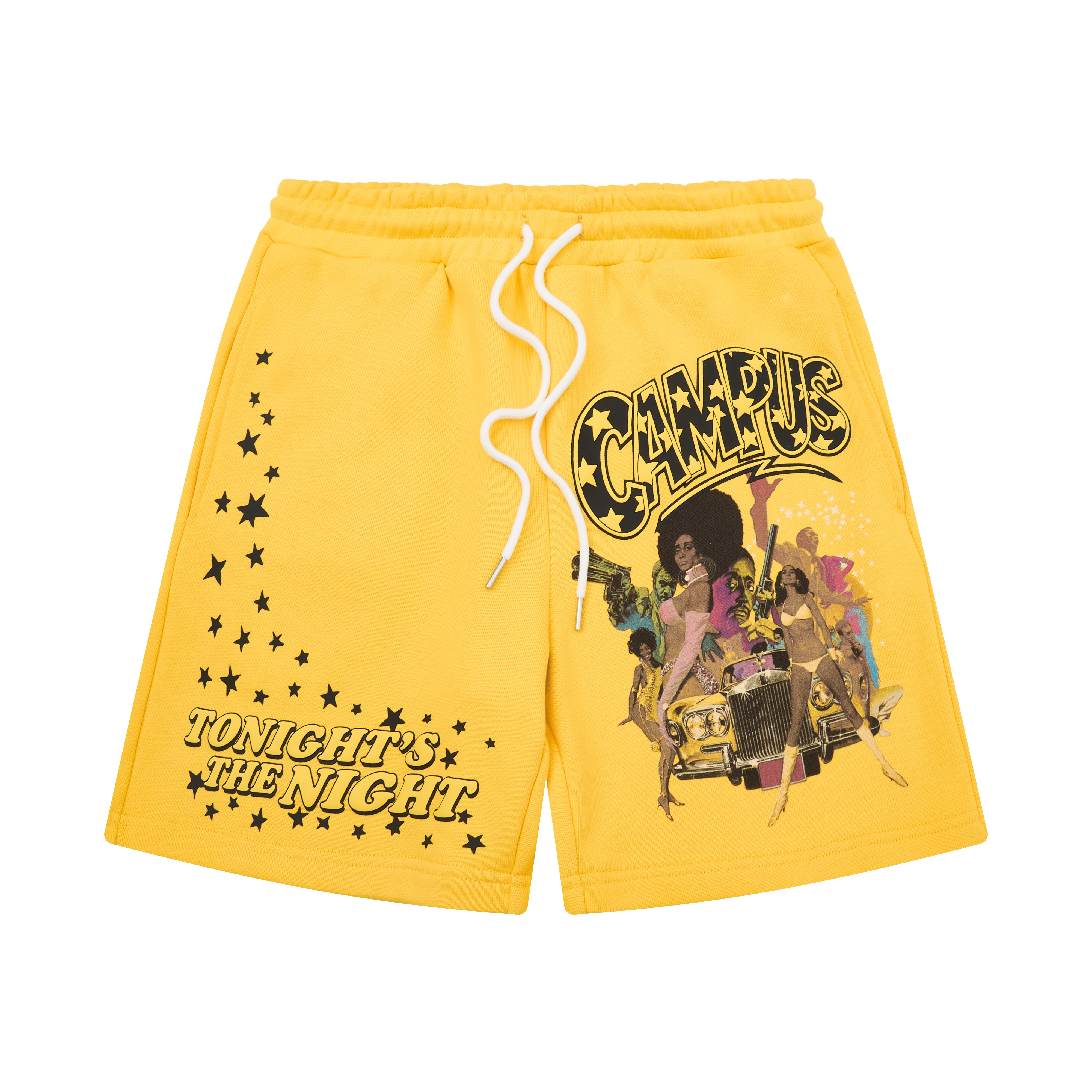 Yellow shorts with graphic design and text on a white background