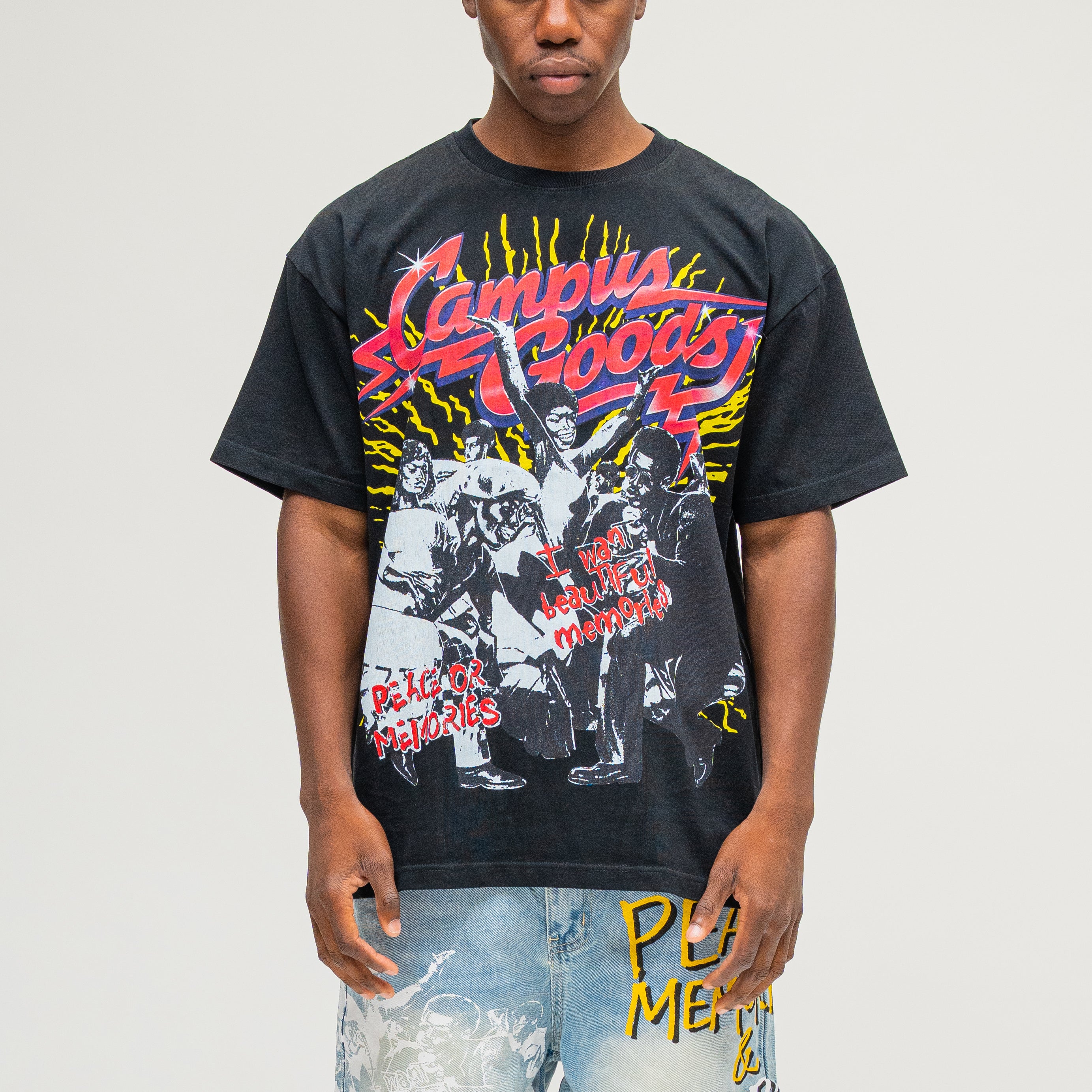 CAMPUS GOODS LA Harlem Tee in Black, front view, Campus Goods retro graphic
