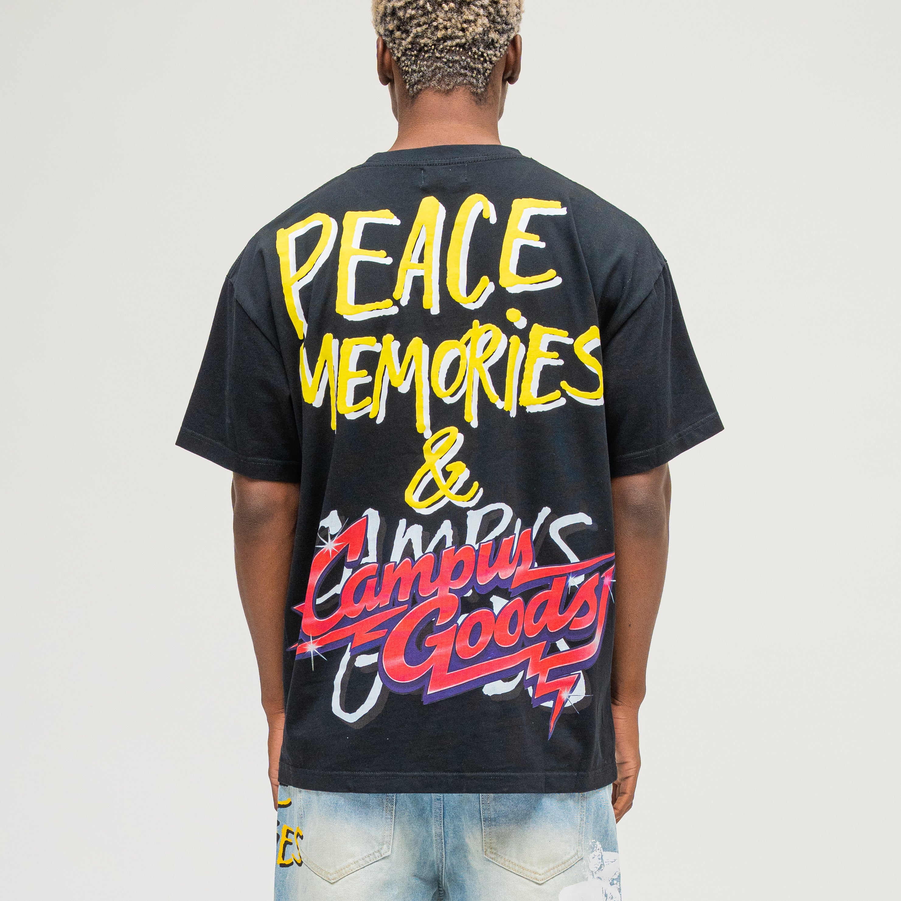 CAMPUS GOODS LA Harlem Tee in Black, back view, Peace Memories Campus Goods graphic