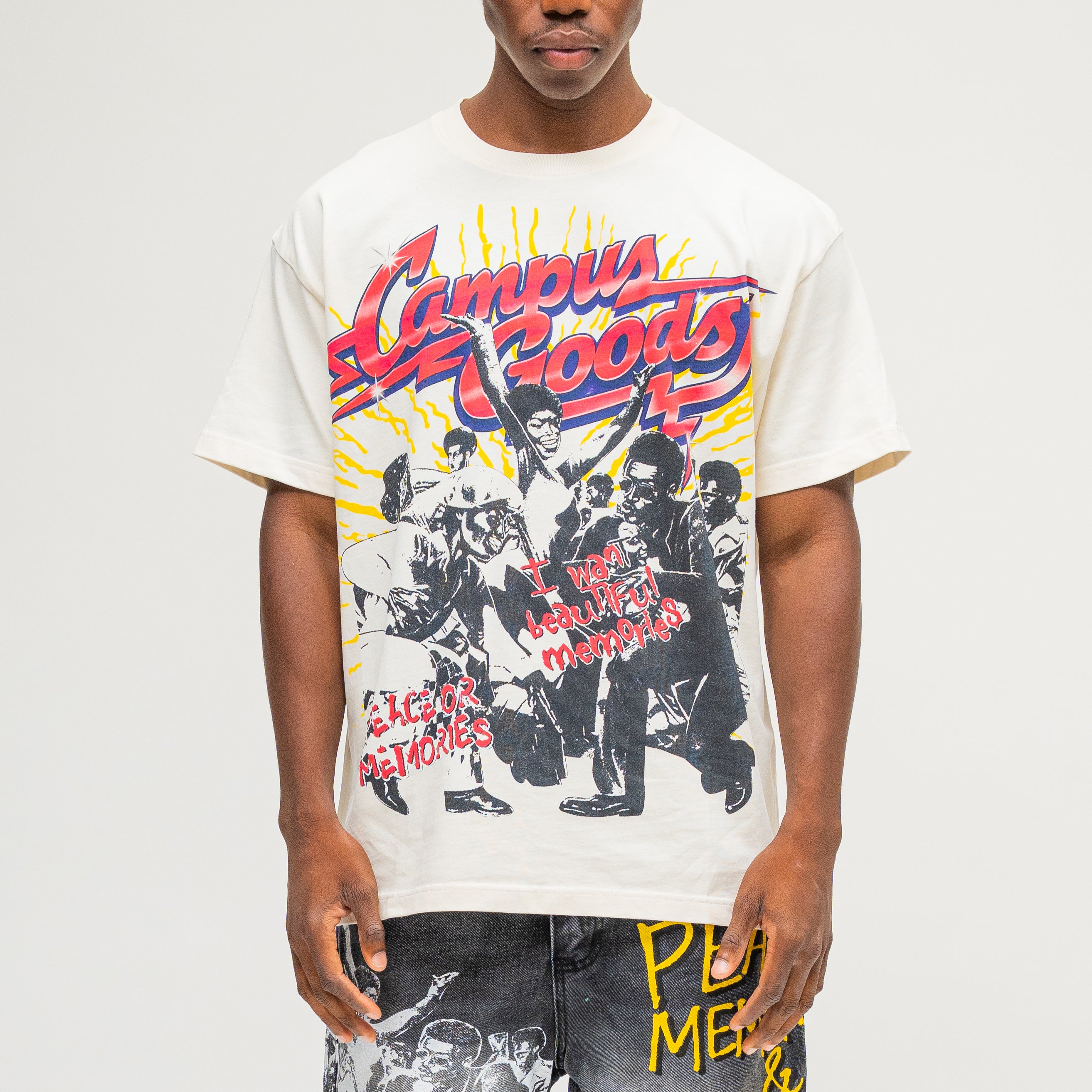 CAMPUS GOODS LA Harlem Tee in Cream, front view, Campus Goods retro graphic