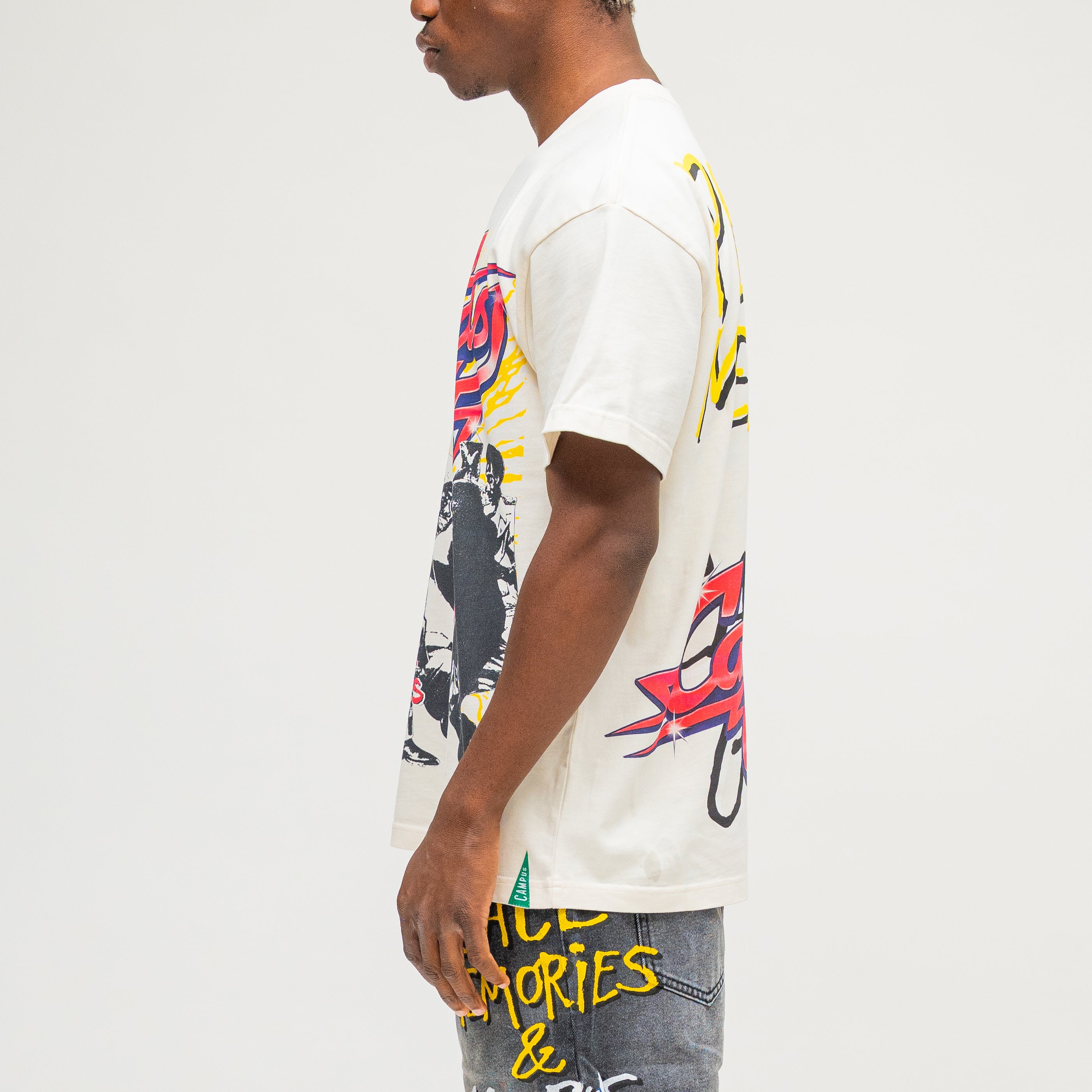 CAMPUS GOODS LA Harlem Tee in Cream, side view, front graphic detail