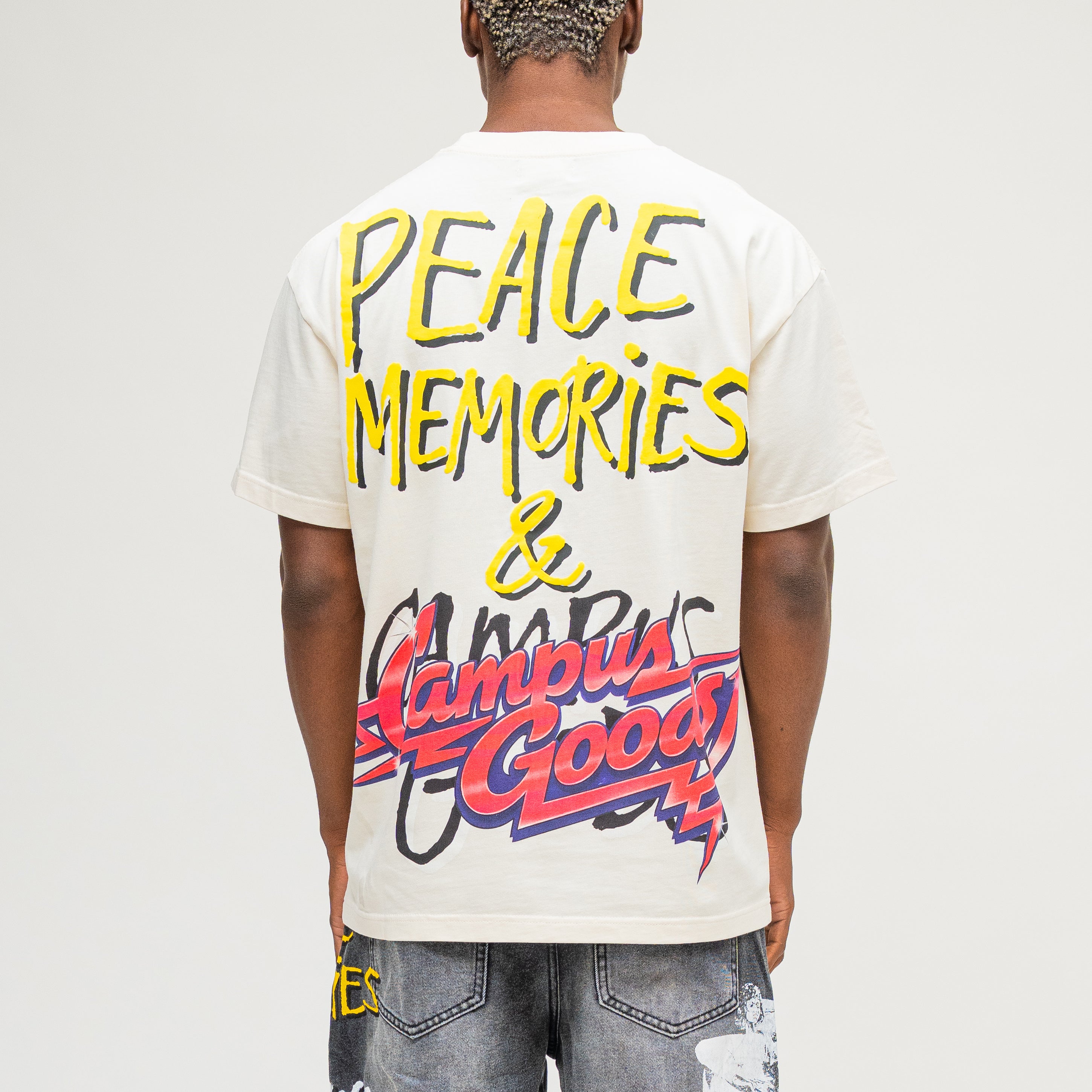CAMPUS GOODS LA Harlem Tee in Cream, back view, Peace Memories Campus Goods graphic