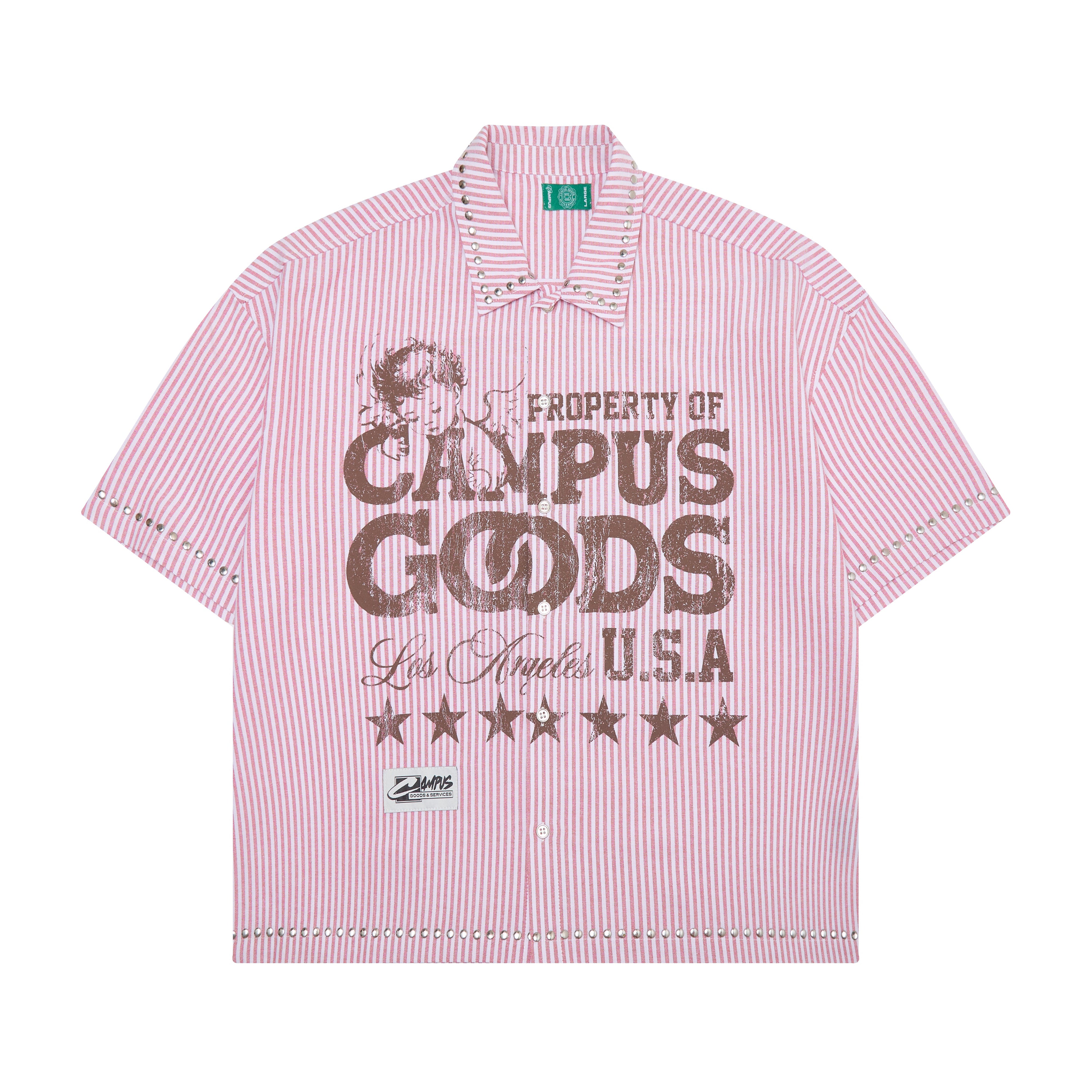 Pink and white striped shirt with 'Property of Campus Goods' text on a white background