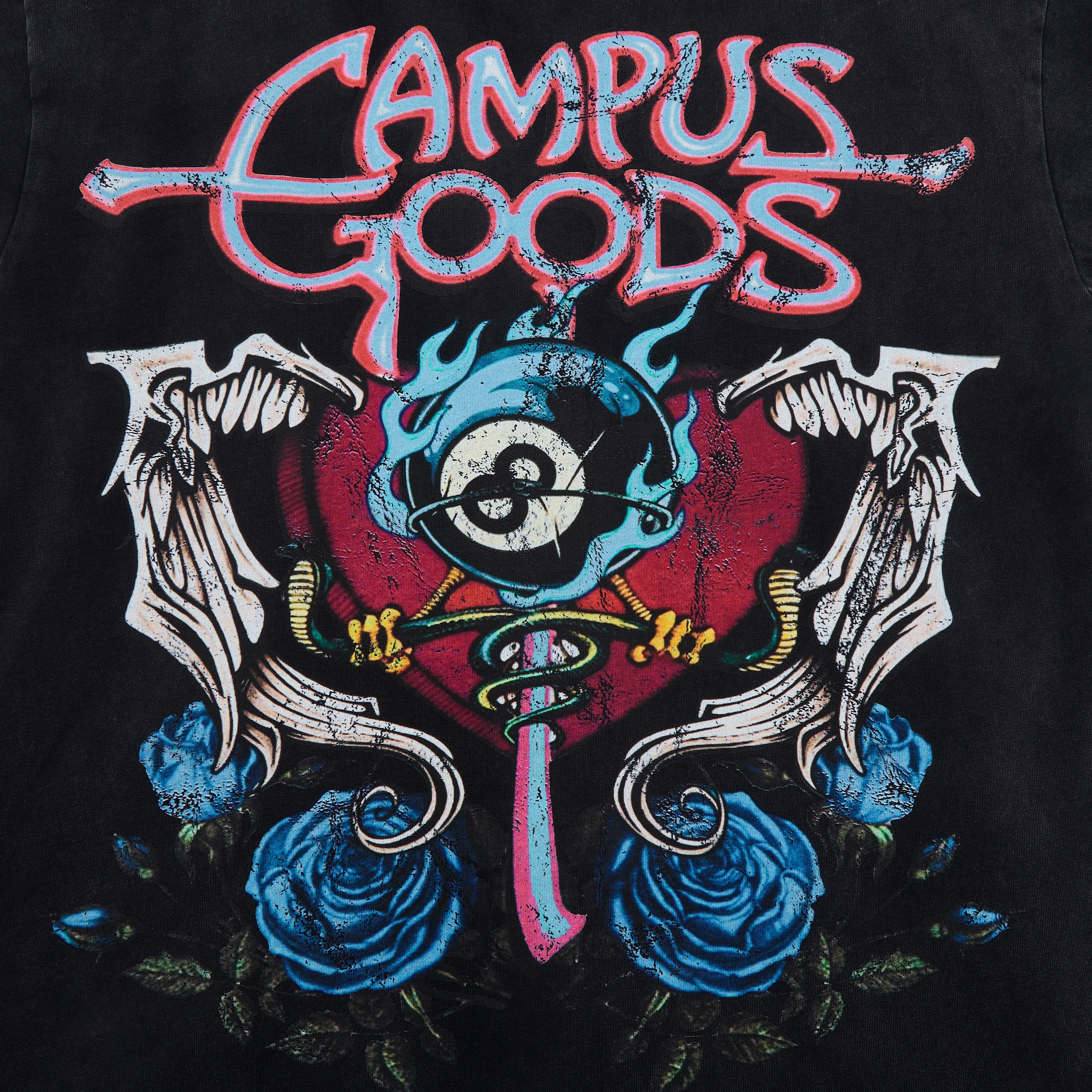 Black t-shirt with 'Campus Goods' graphic design featuring an eye and roses.