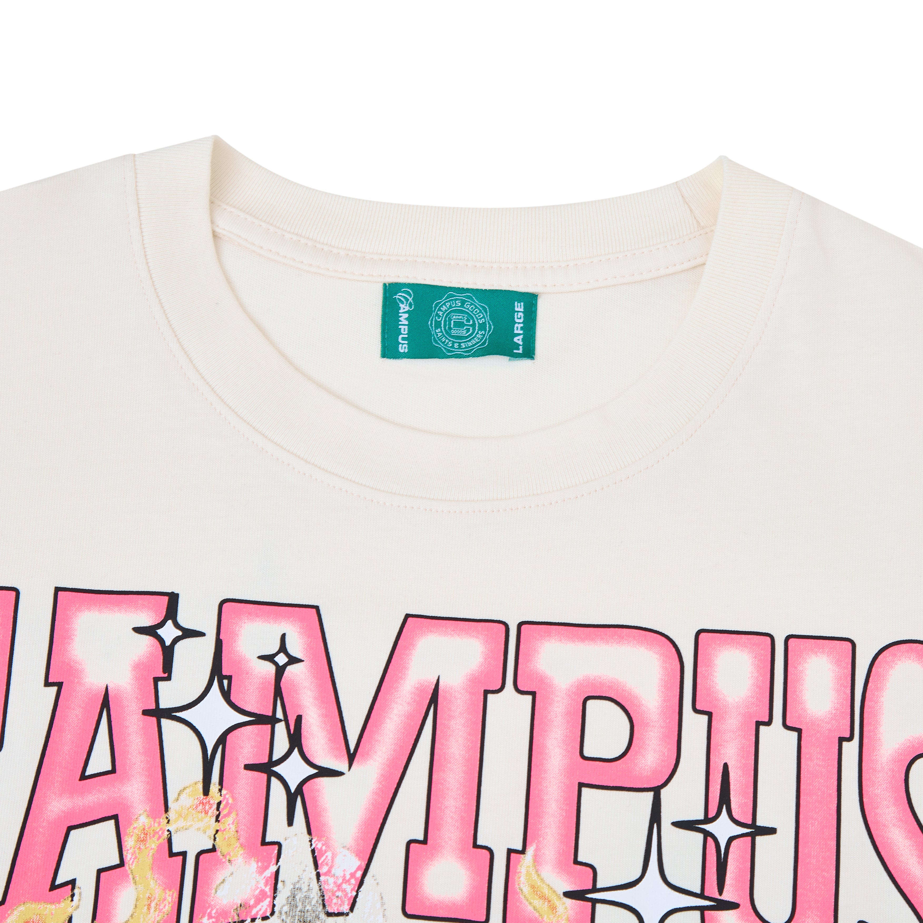 White t-shirt with pink text and a brand tag on a white background