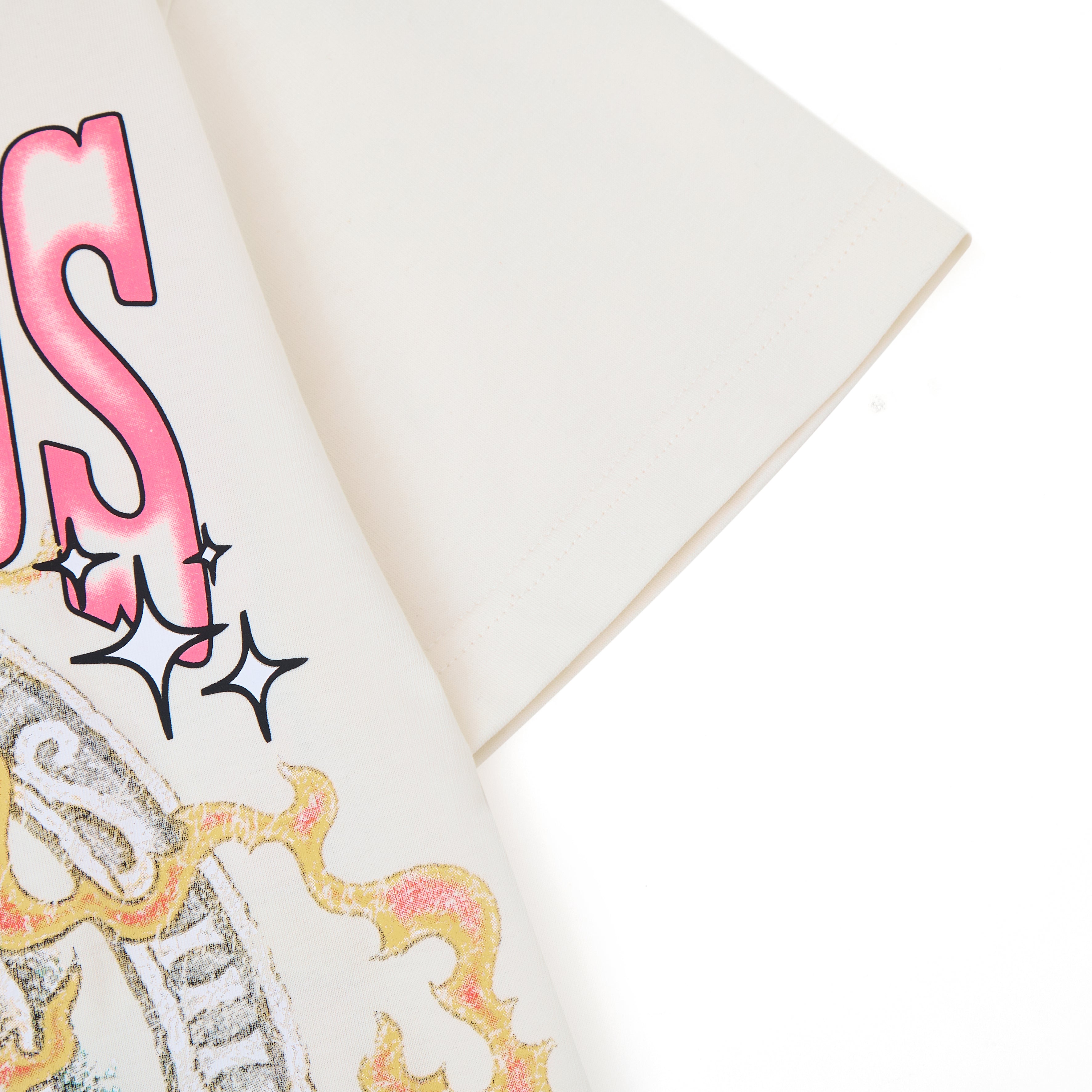 Close-up of a product with decorative text and graphics on a white background