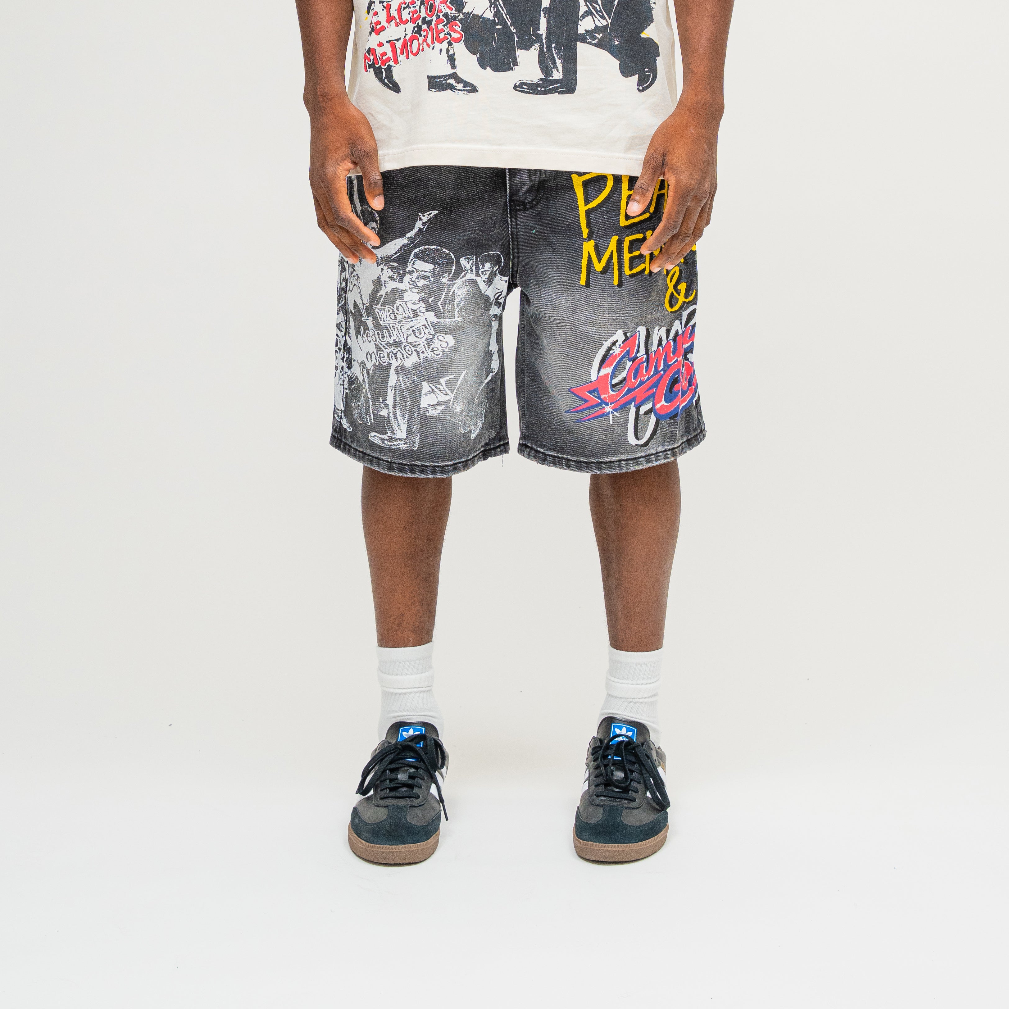 CAMPUS GOODS LA Memories Denim Jort in Black, front view, Peace Memories Campus Goods graphic