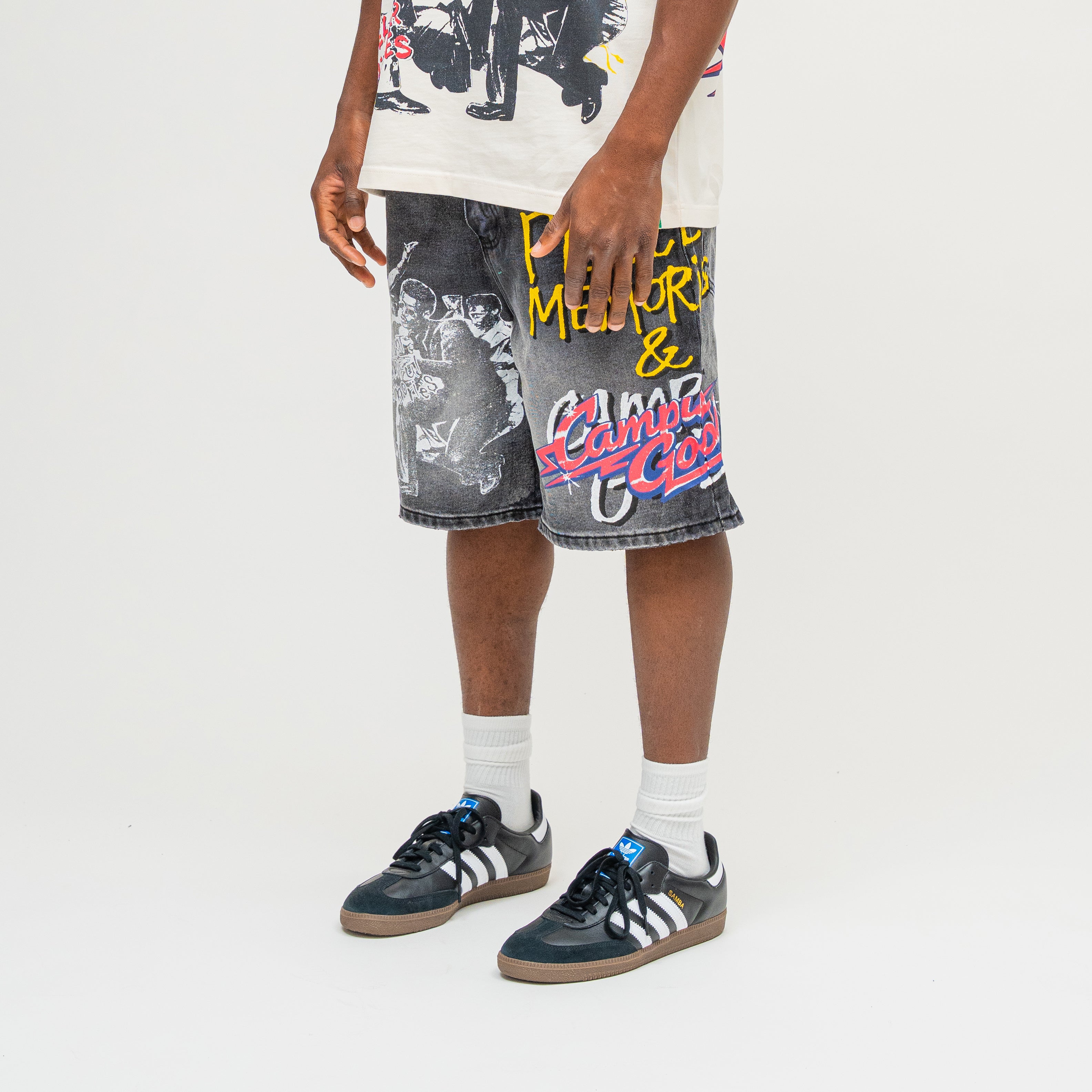 CAMPUS GOODS LA Memories Denim Jort in Black, three-quarter front view, graphic detail