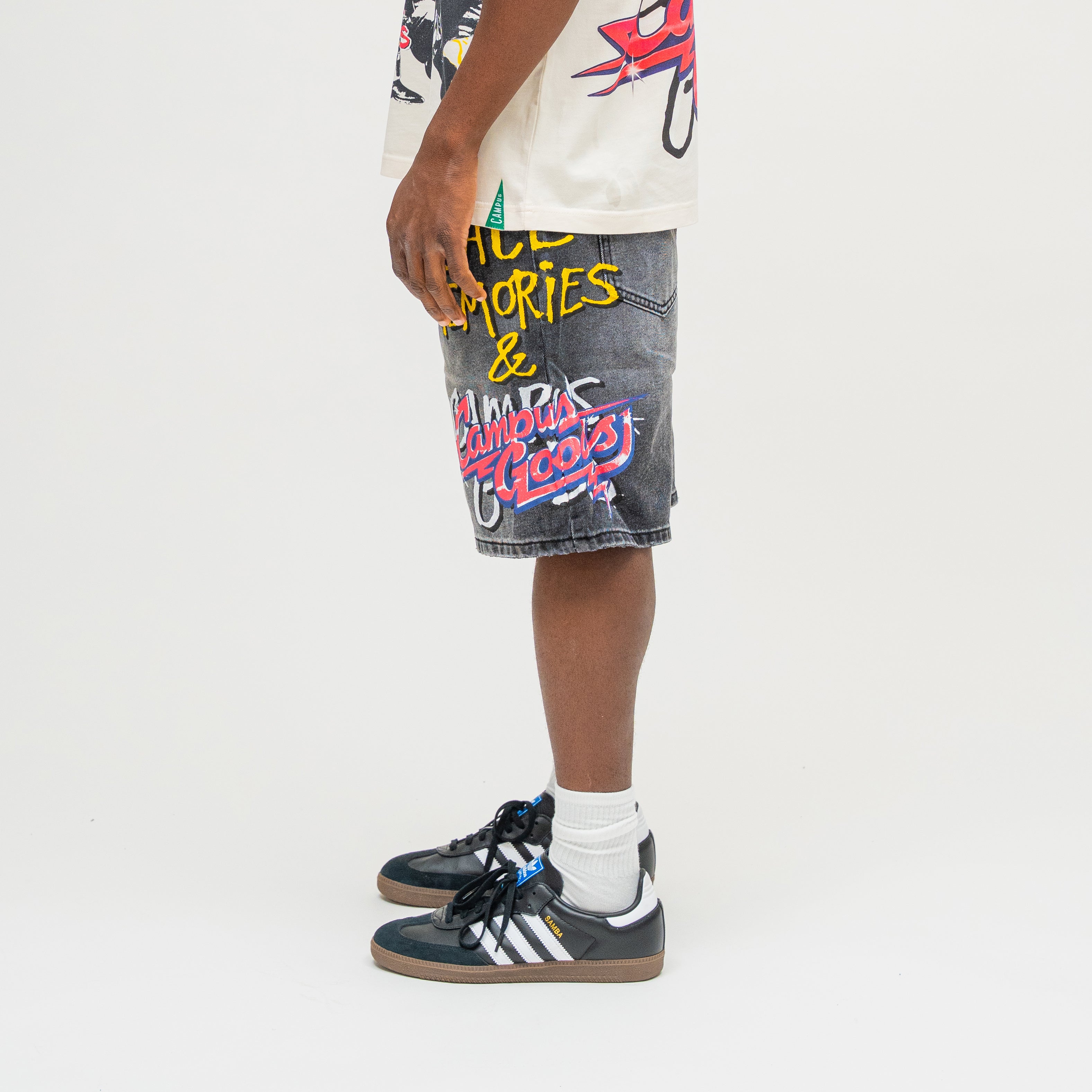 CAMPUS GOODS LA Memories Denim Jort in Black, side view, Campus Goods retro logo detail

