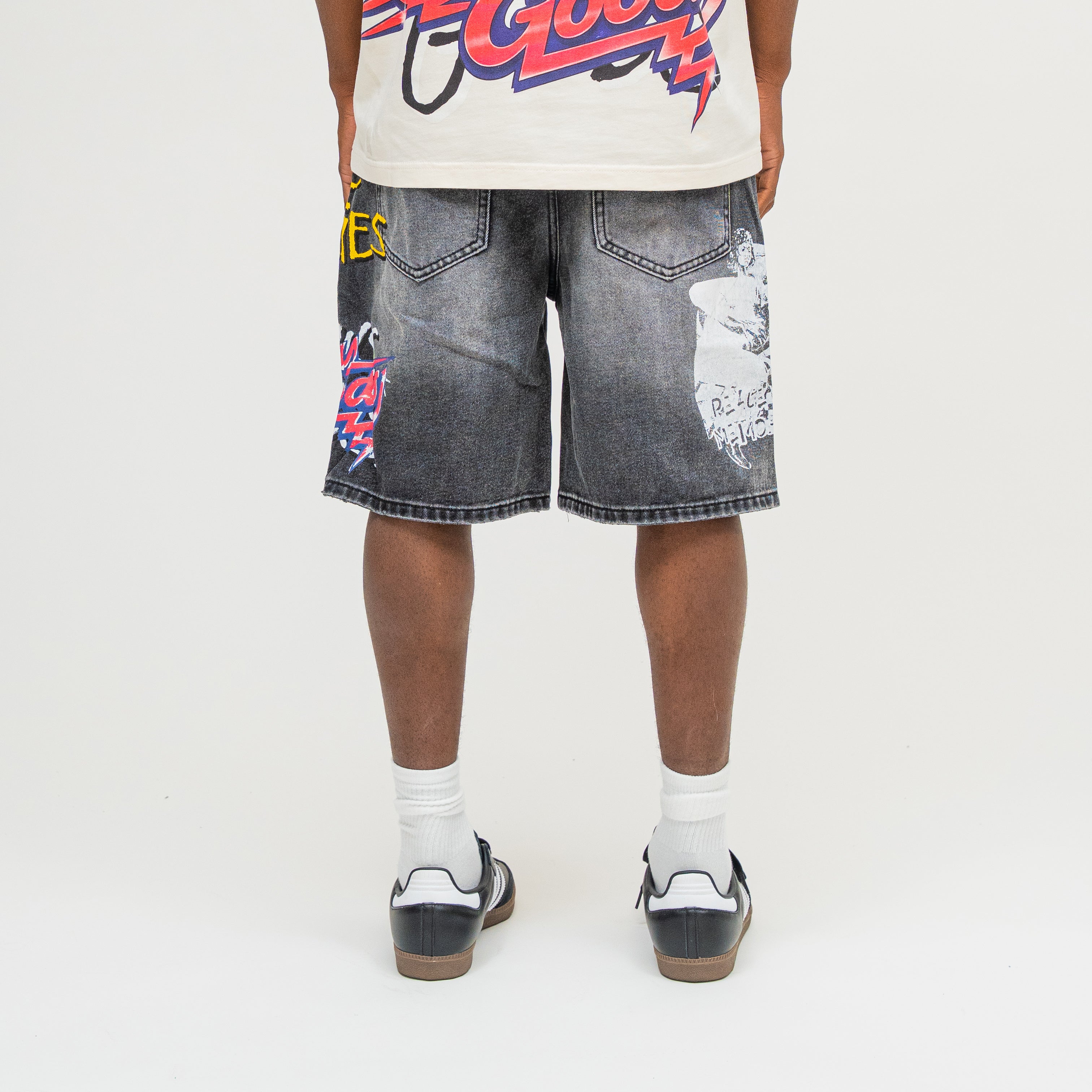 CAMPUS GOODS LA Memories Denim Jort in Black, back view, tonal figure graphic detail