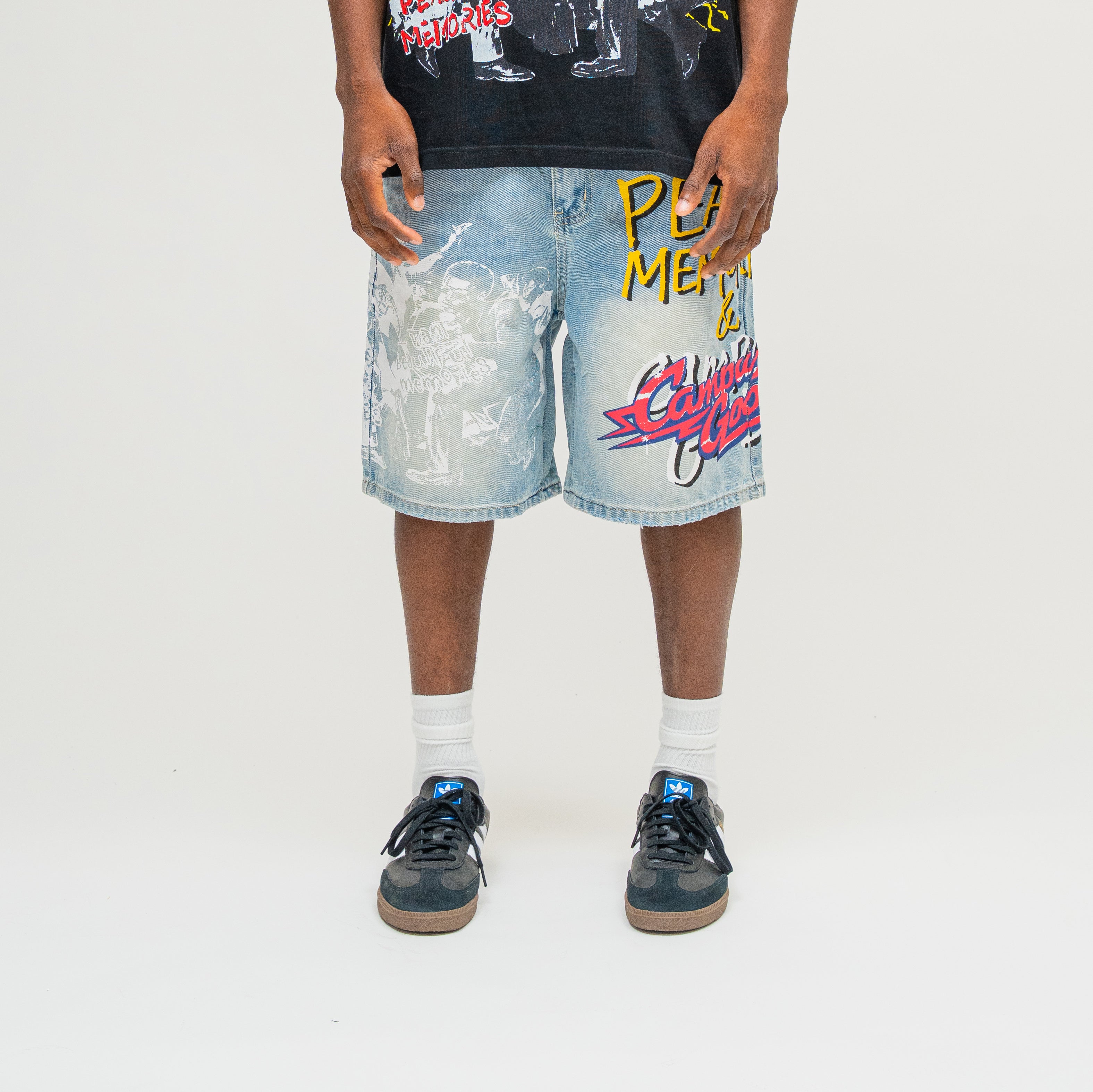 CAMPUS GOODS LA Memories Denim Jort in Blue, front view, Peace Memories Campus Goods graphic
