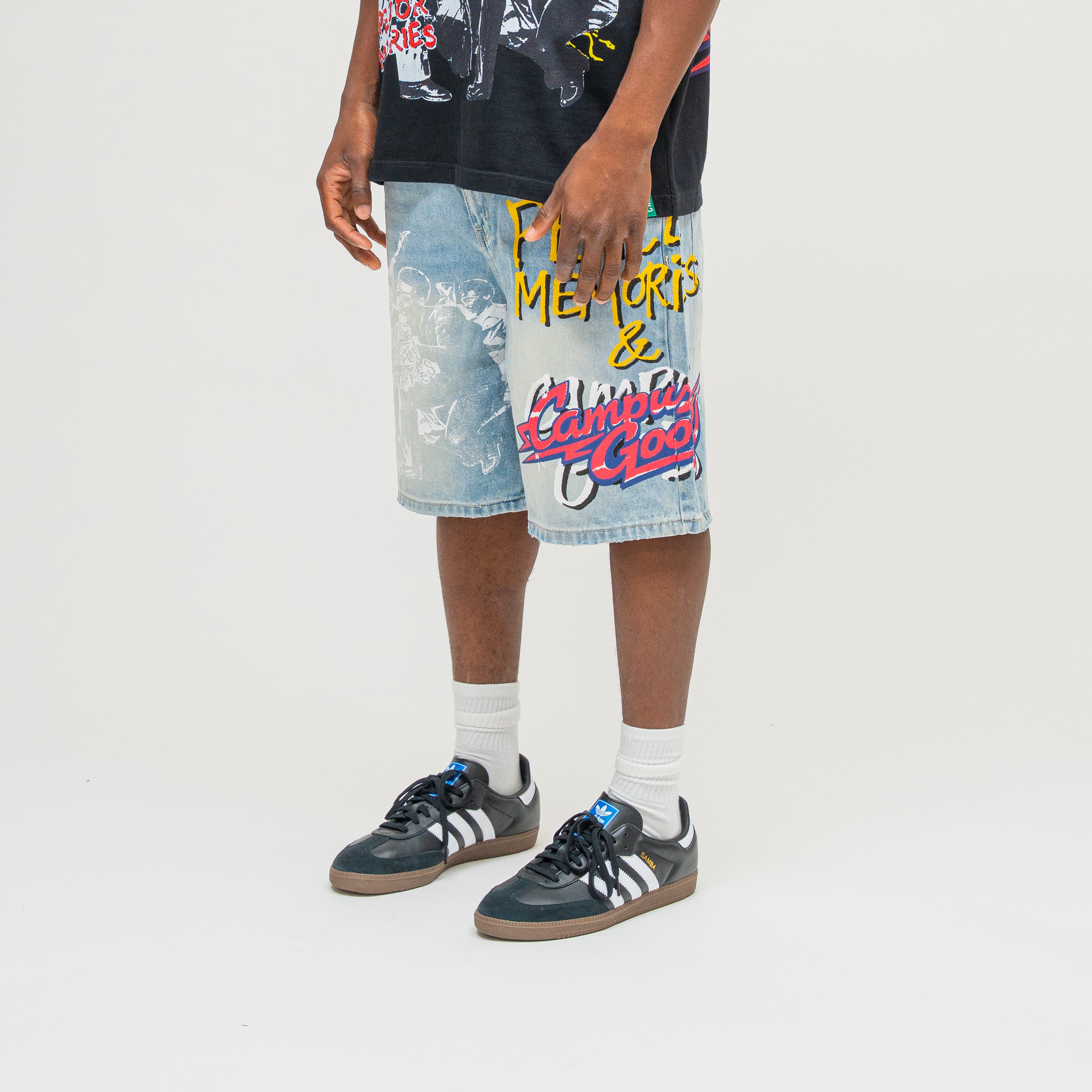 CAMPUS GOODS LA Memories Denim Jort in Blue, three-quarter front view, graphic detail
