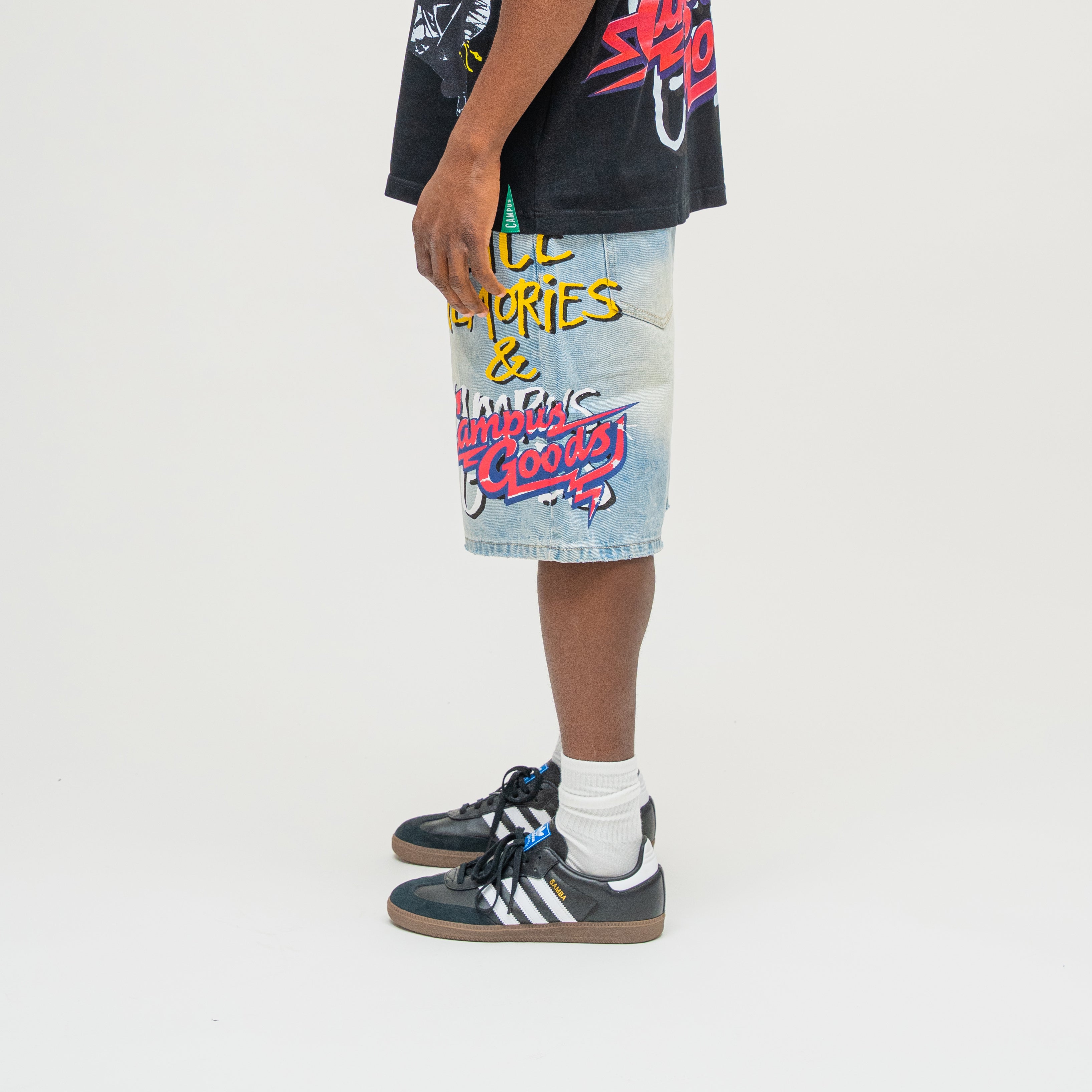 CAMPUS GOODS LA Memories Denim Jort in Blue, side view, Campus Goods retro logo detail