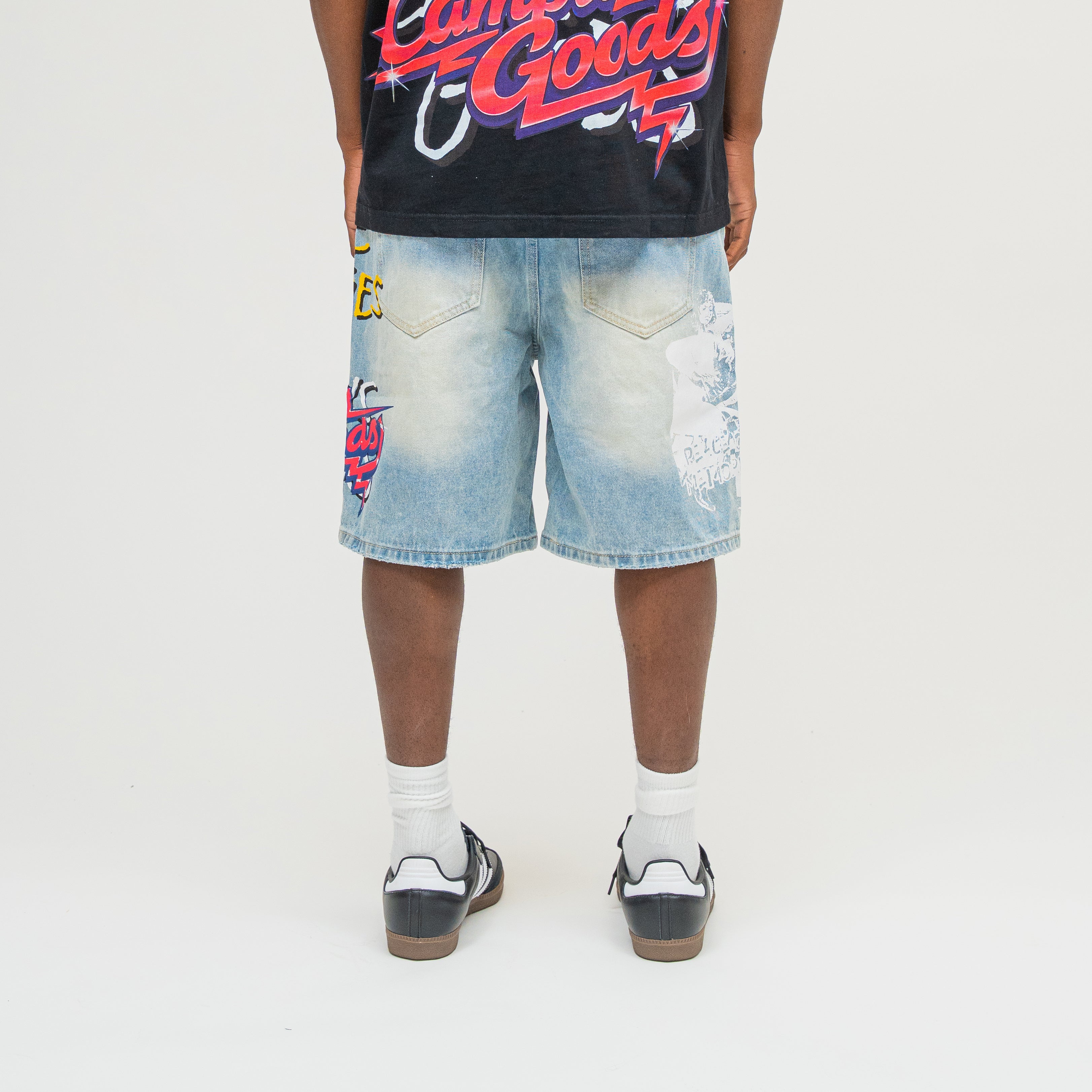 CAMPUS GOODS LA Memories Denim Jort in Blue, back view, tonal graphic print detail