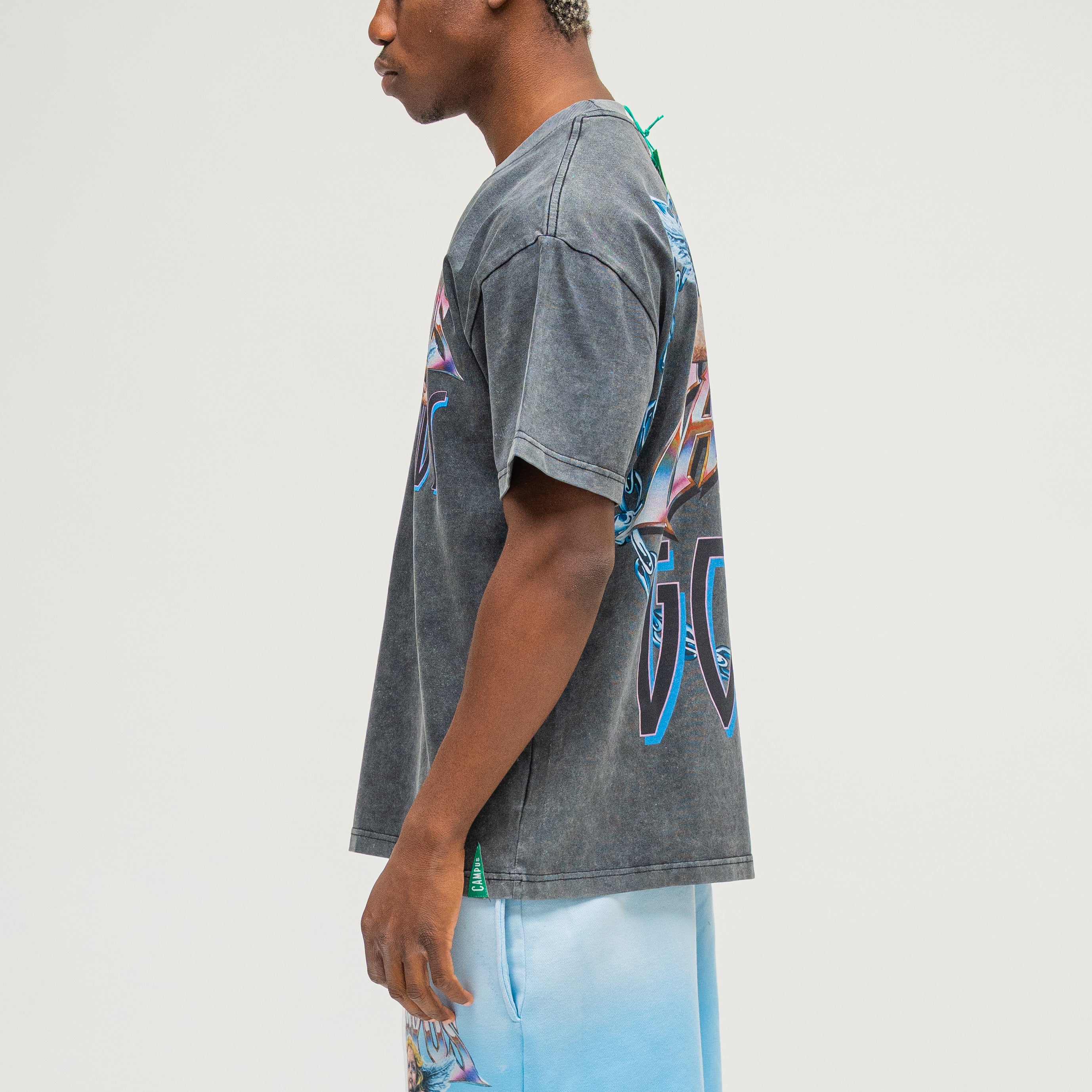 Campus Goods LA Metallic Tee in black, side profile view on male model showing large back graphic print