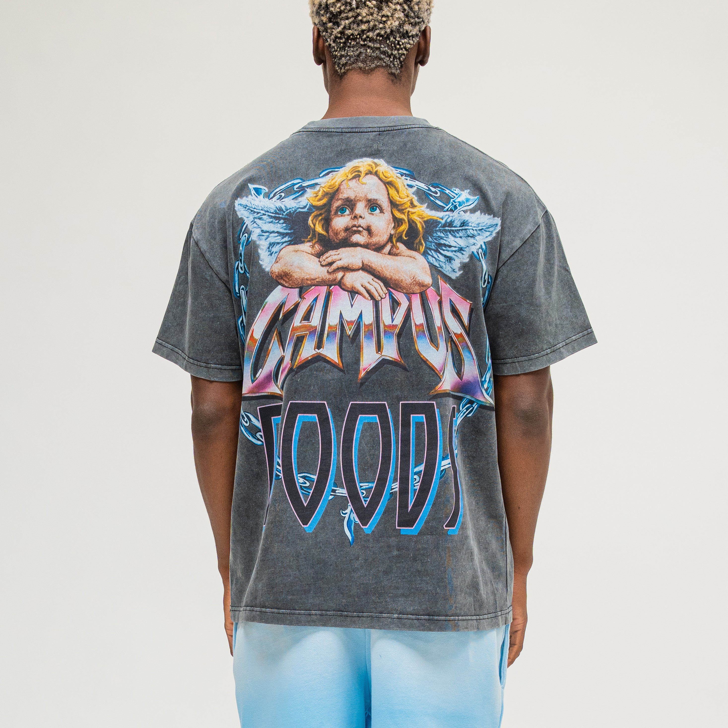 Campus Goods LA Metallic Tee in black, flat lay back view showing angel cherub graphic and Campus Goods logo on chest