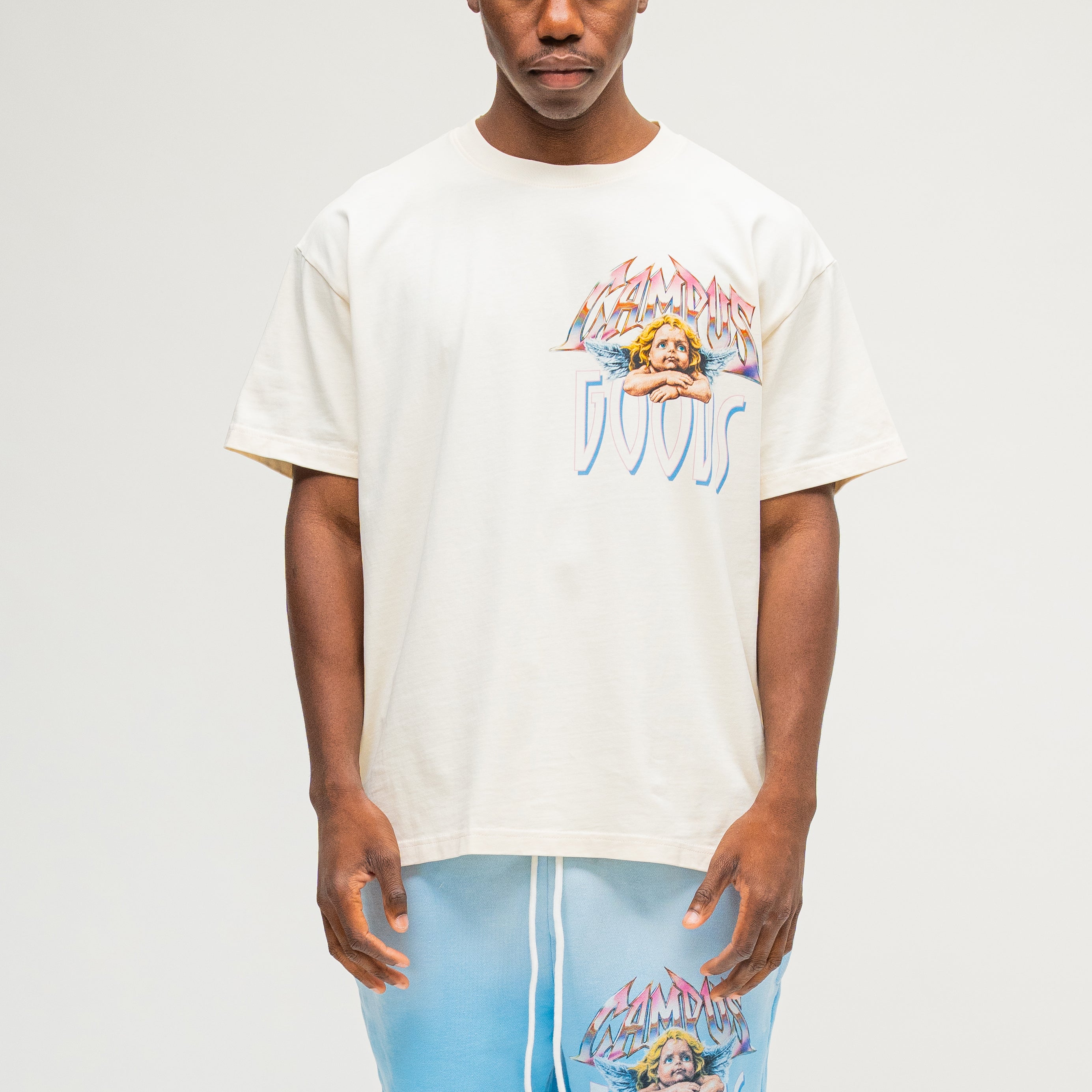 CAMPUS GOODS Metallic Tee in Cream, front view