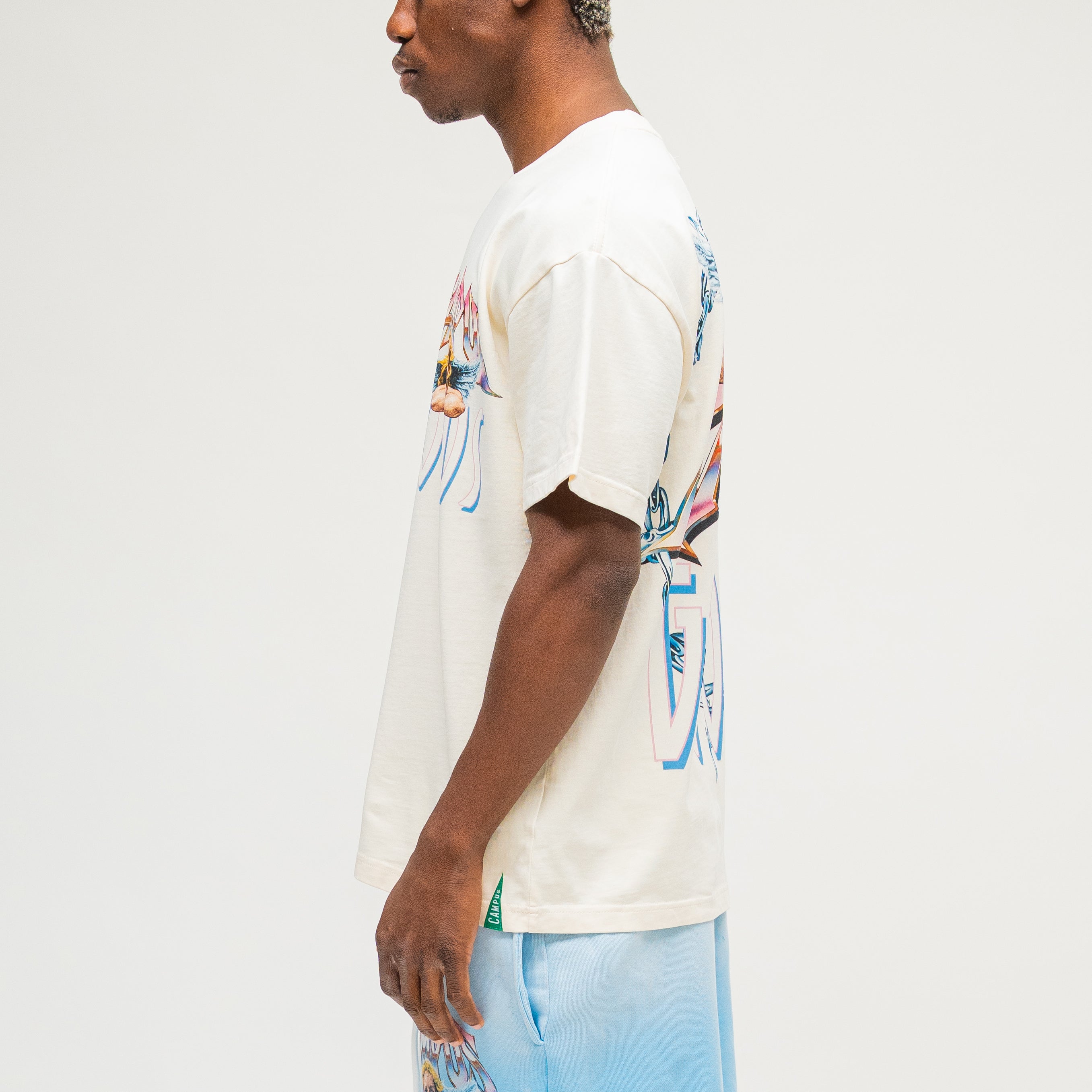 CAMPUS GOODS Metallic Tee in Cream, side view