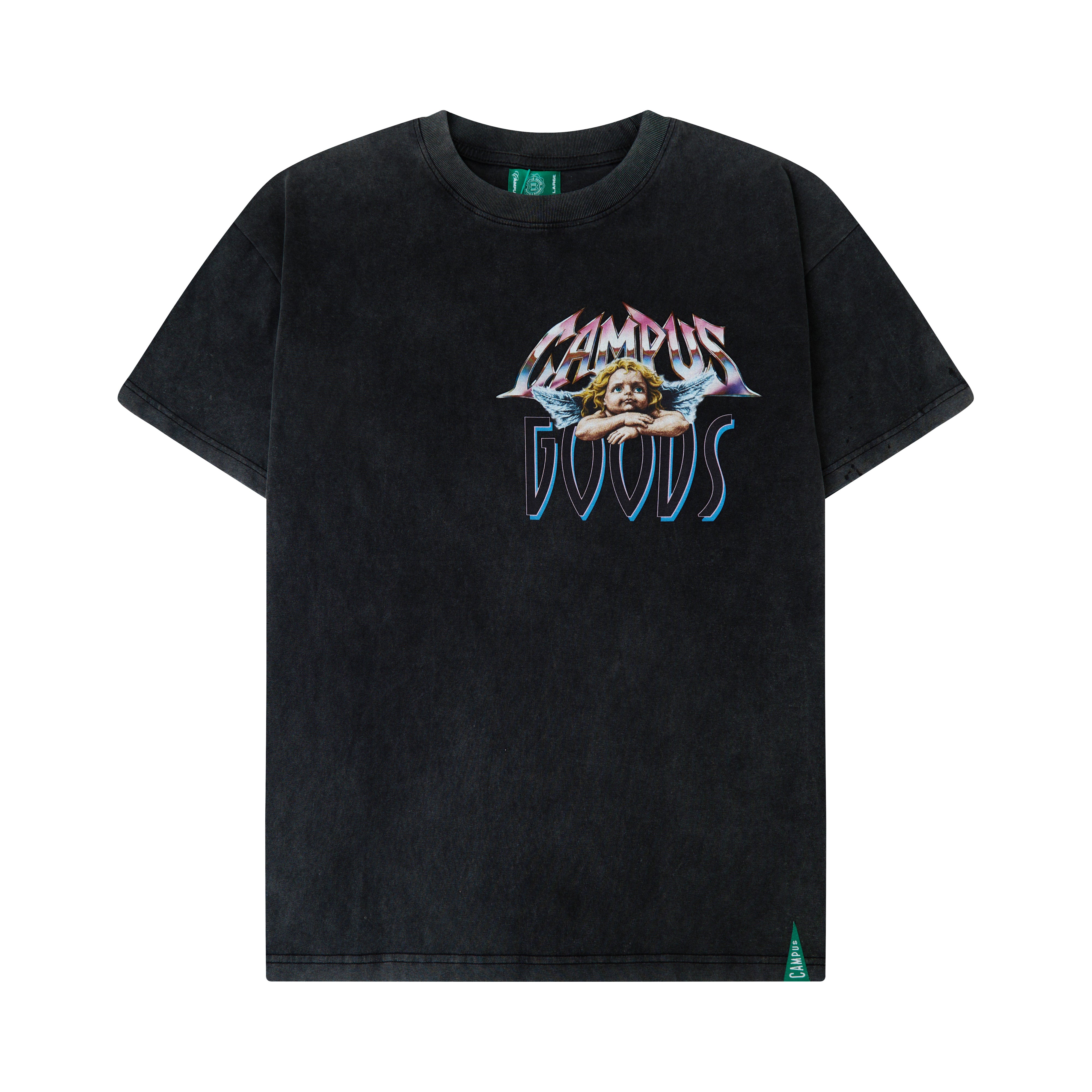 Campus Goods LA Metallic Tee in black, flat lay front view showing angel cherub graphic and Campus Goods logo on chest