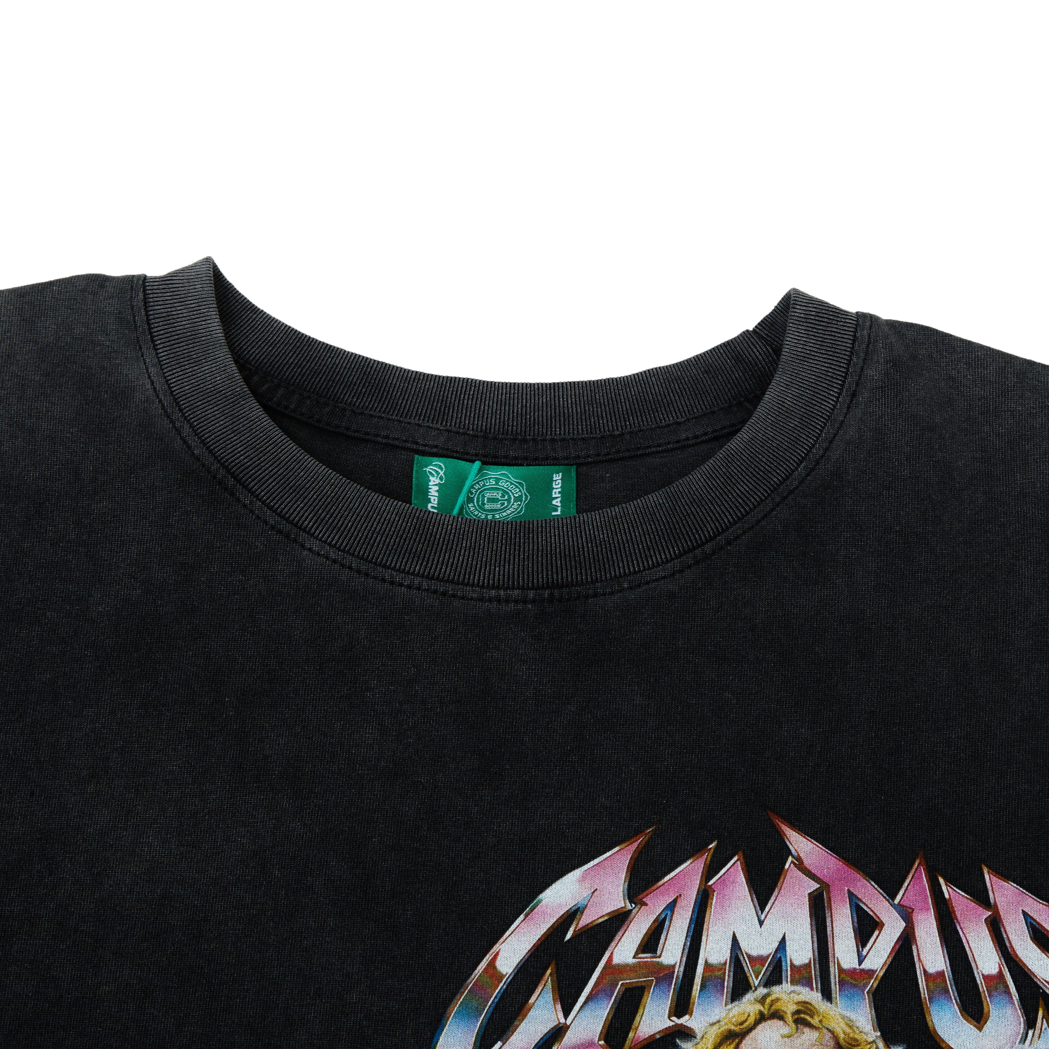 Campus Goods LA Metallic Tee in black, close-up of neckline showing green Campus Goods label and washed fabric texture