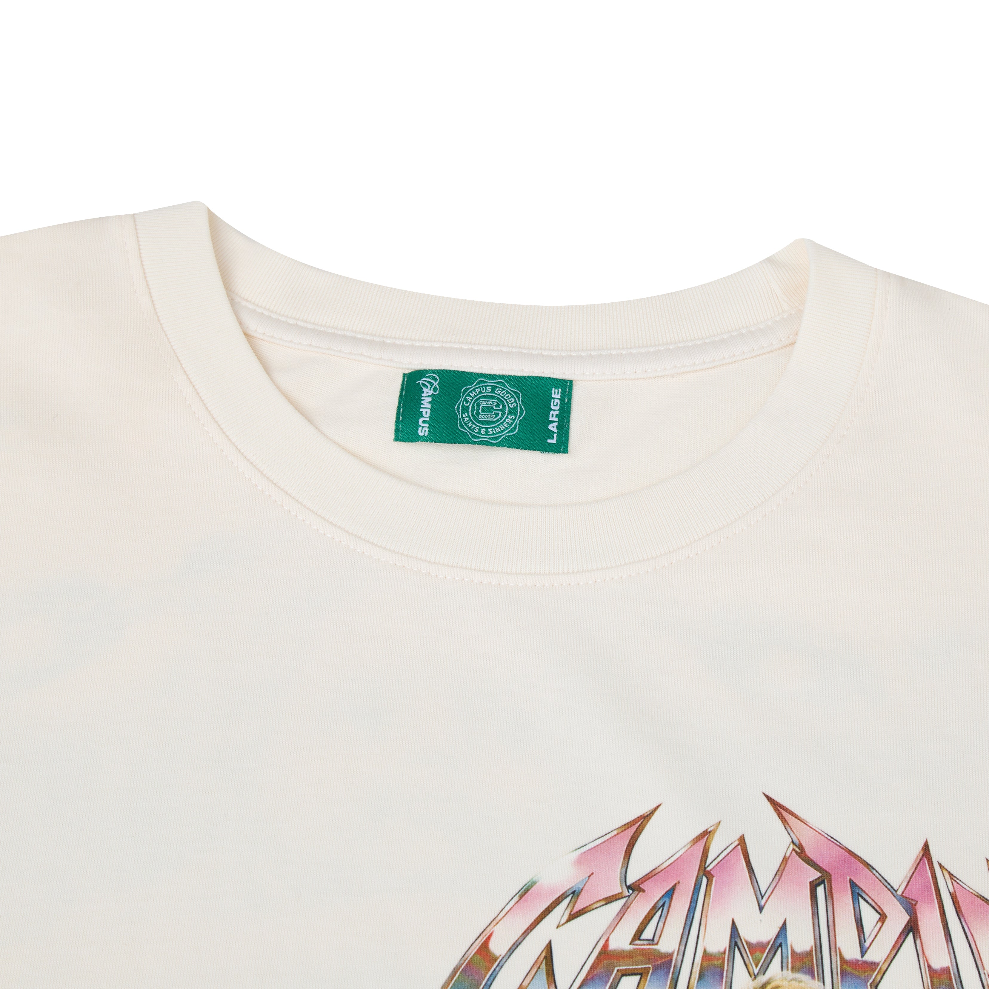 CAMPUS GOODS Metallic Tee in Cream, detail view, neckline label