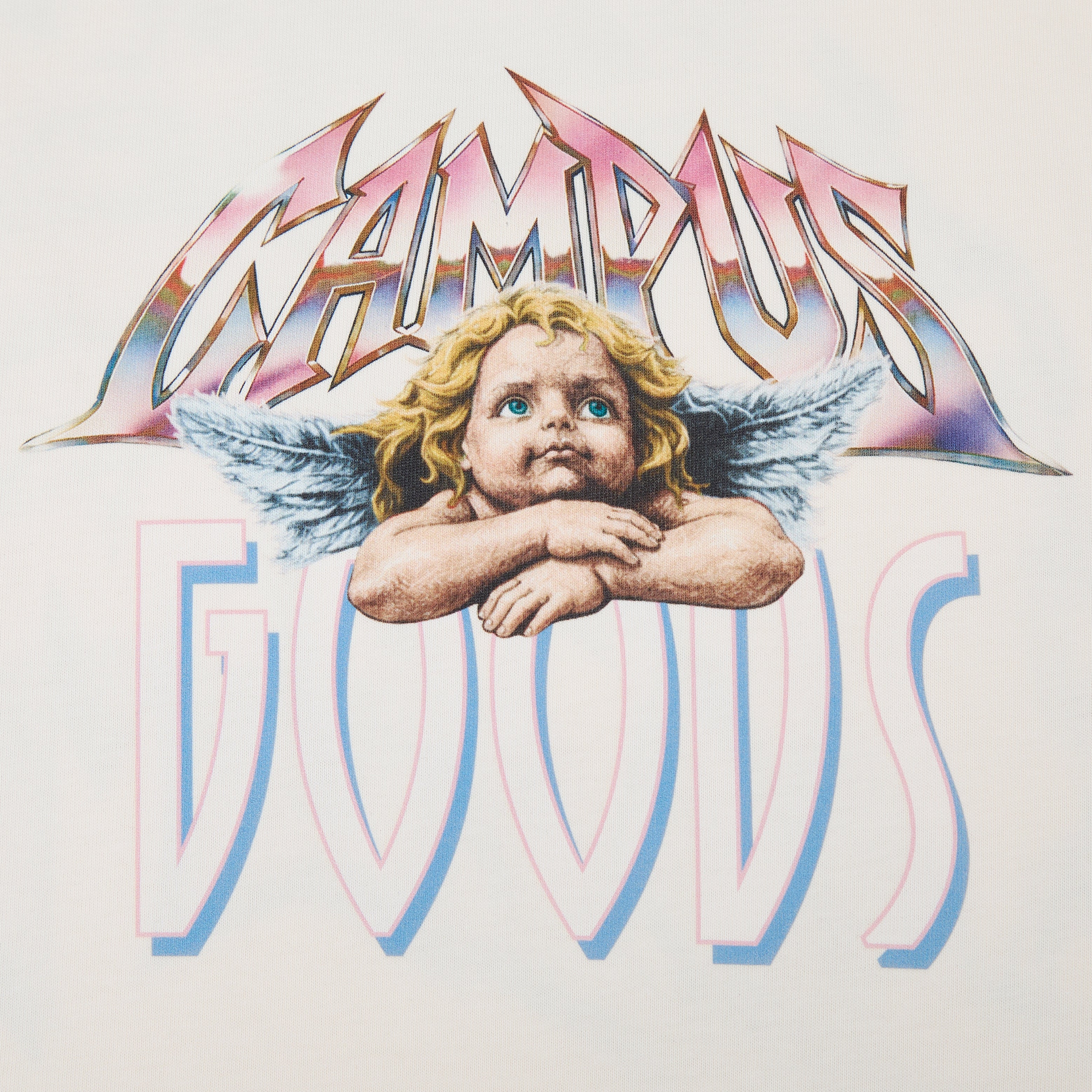 CAMPUS GOODS Metallic Tee in Cream, detail view, cherub front graphic
