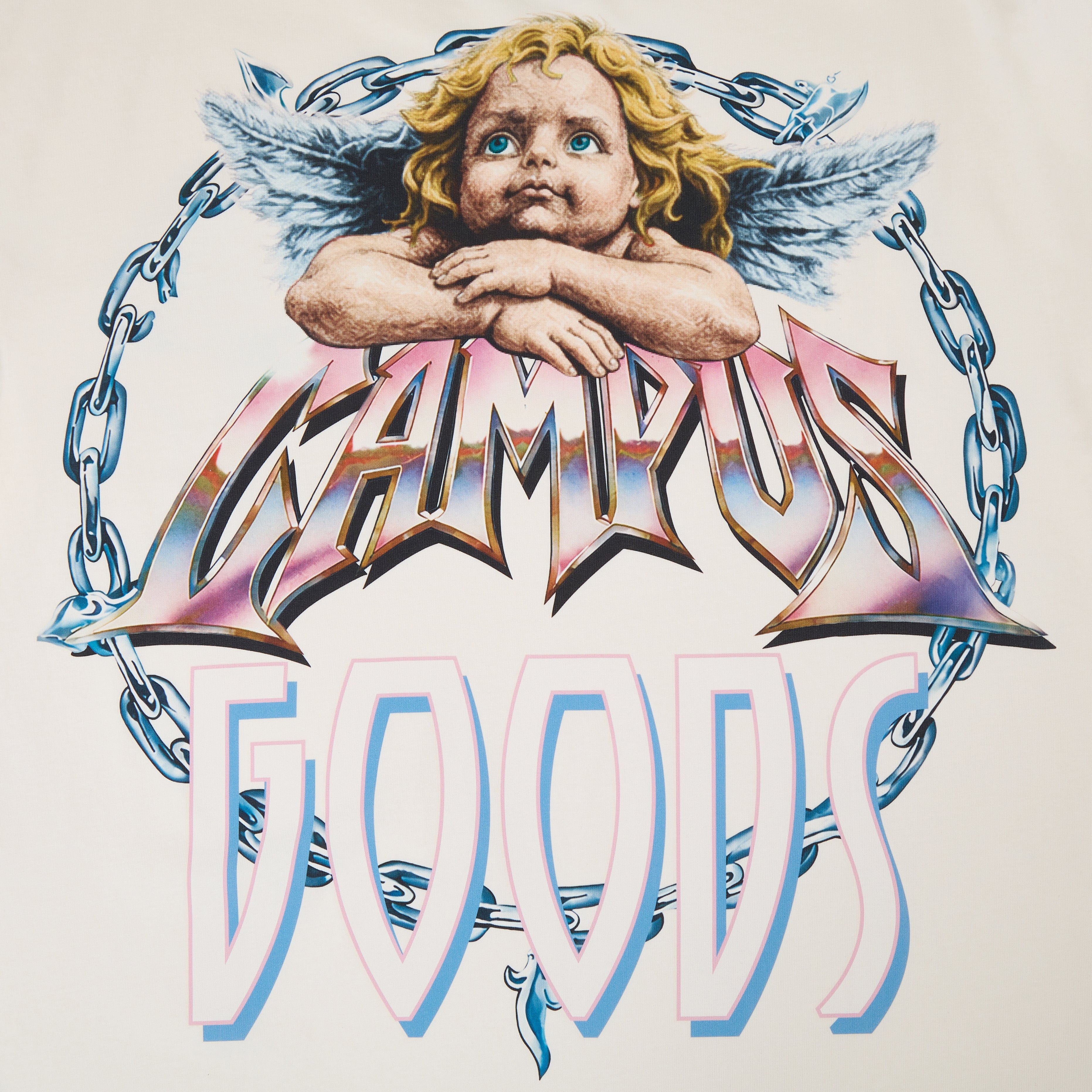 CAMPUS GOODS Metallic Tee in Cream, detail view, back cherub and chain graphic