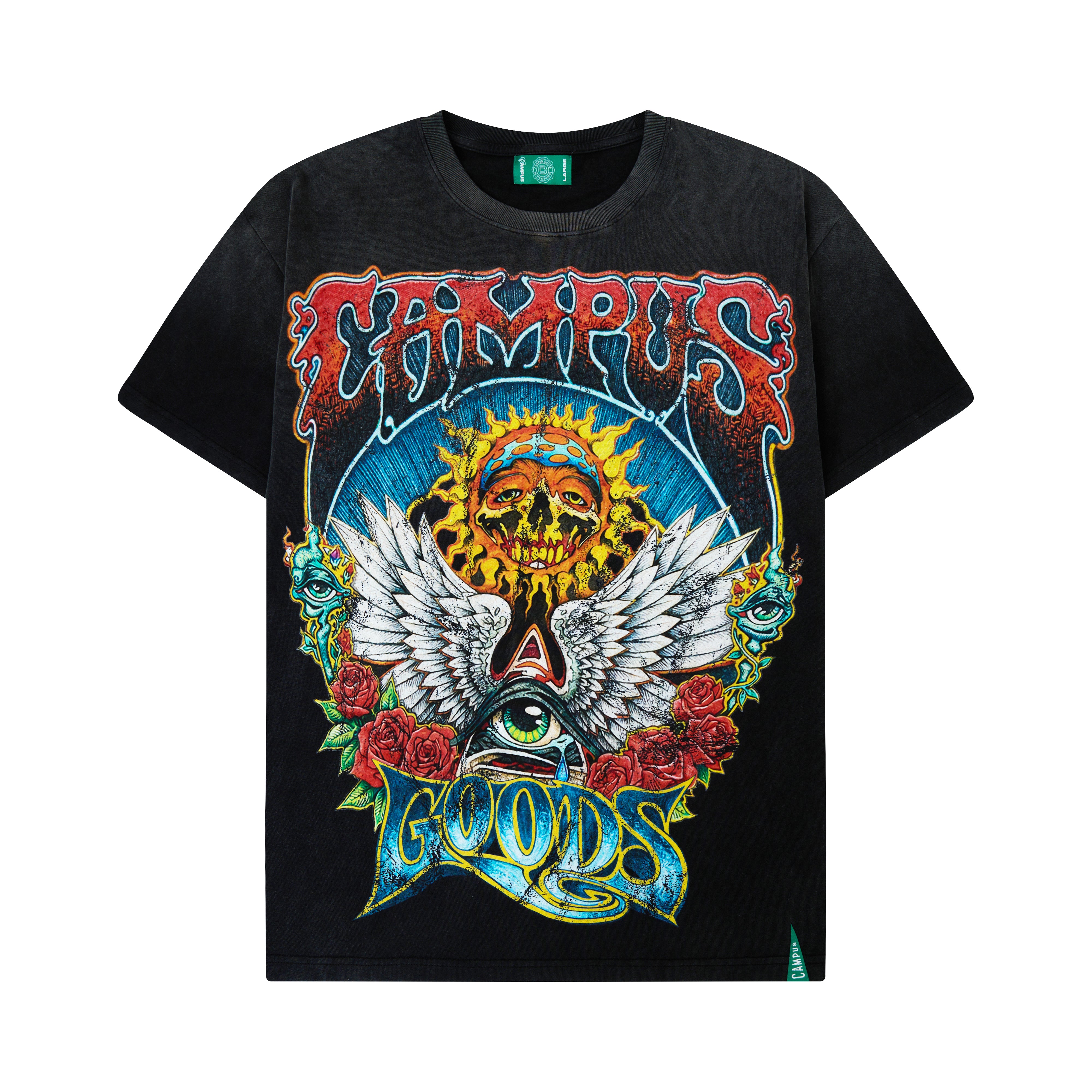 CAMPUS GOODS Psychedelic Tee in Black, flat lay front view