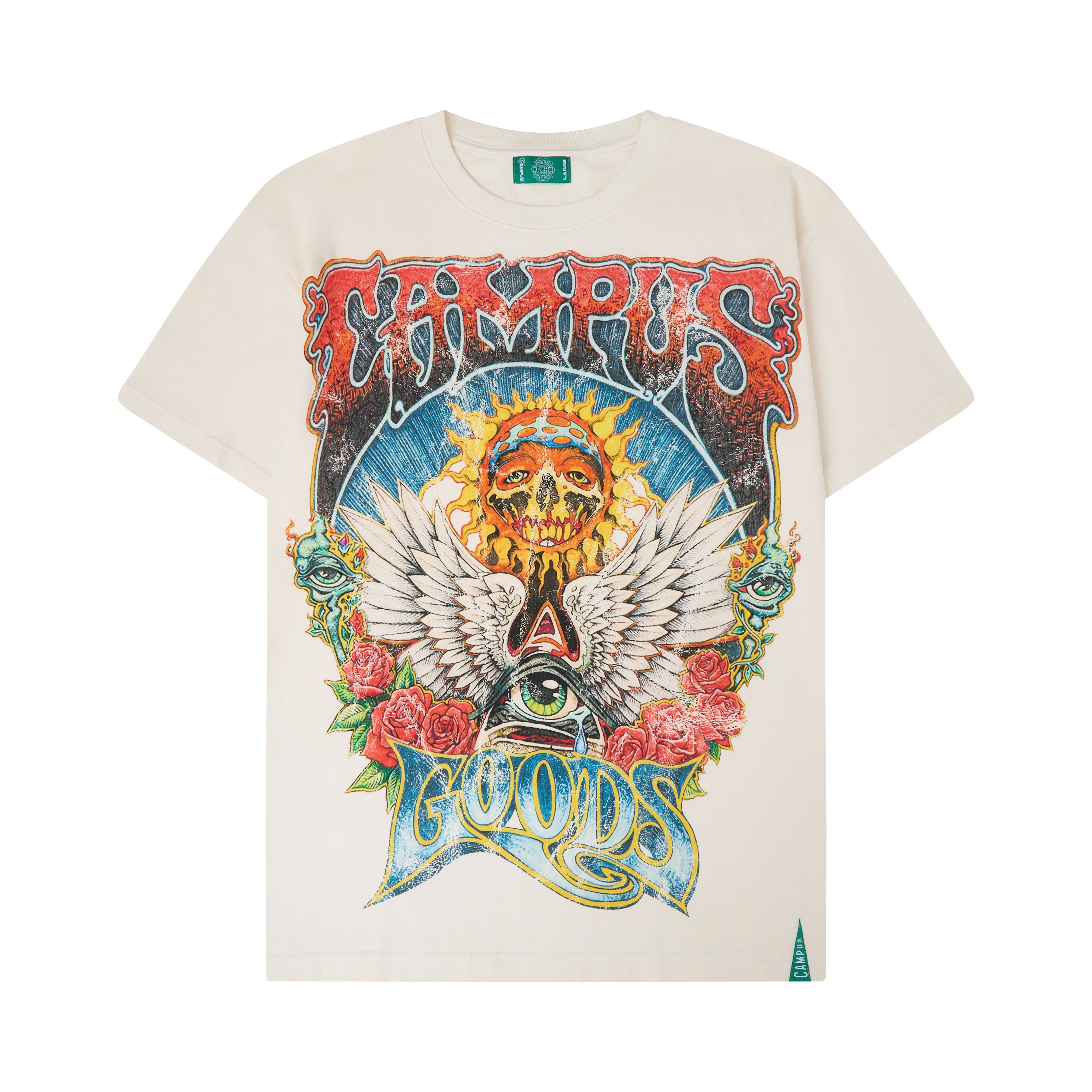 Close-up detail of Psychedelic Tee graphic on cream fabric showing colorful distressed art design
