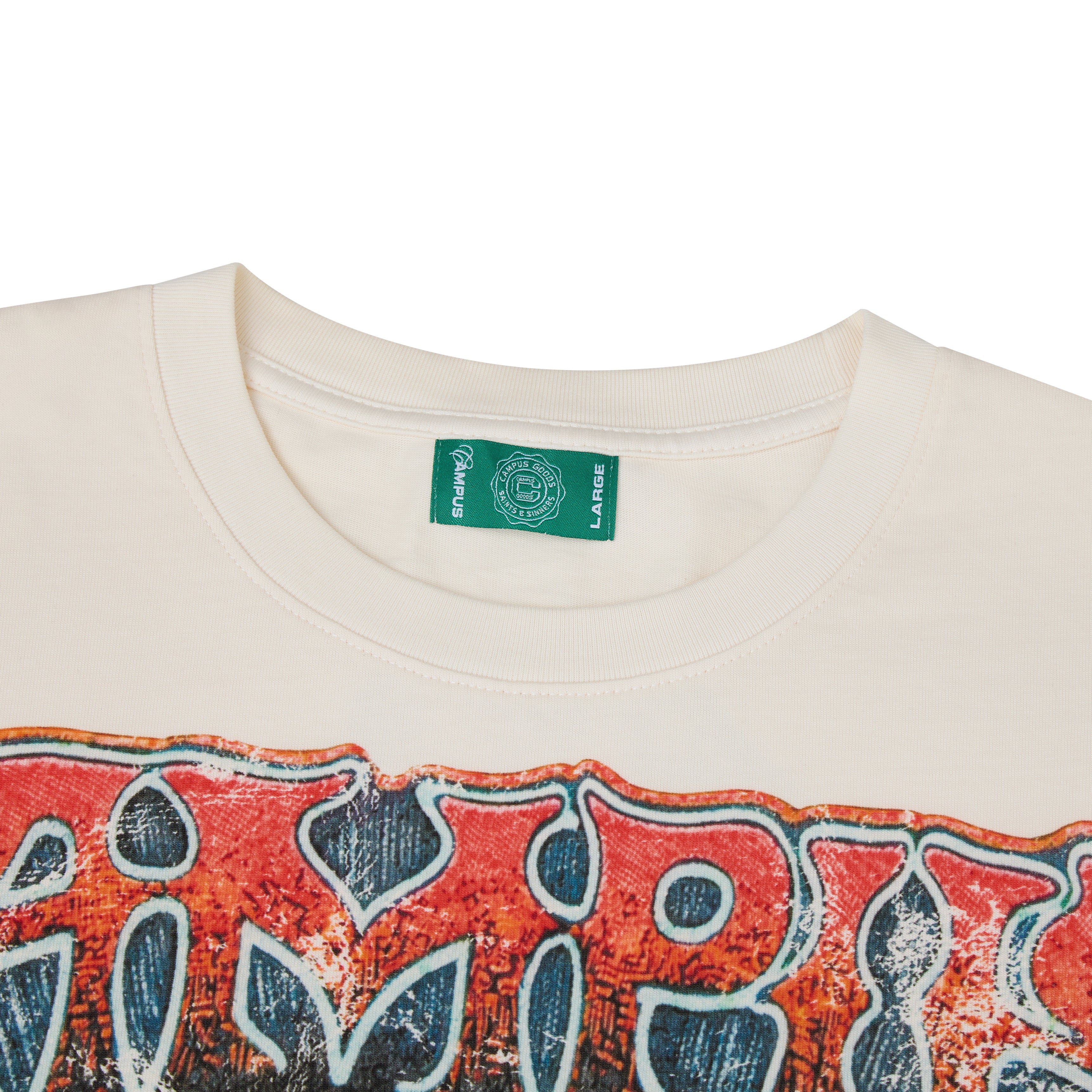 Close-up of neckline and Campus Goods label on cream Psychedelic Tee showing distressed graphic lettering