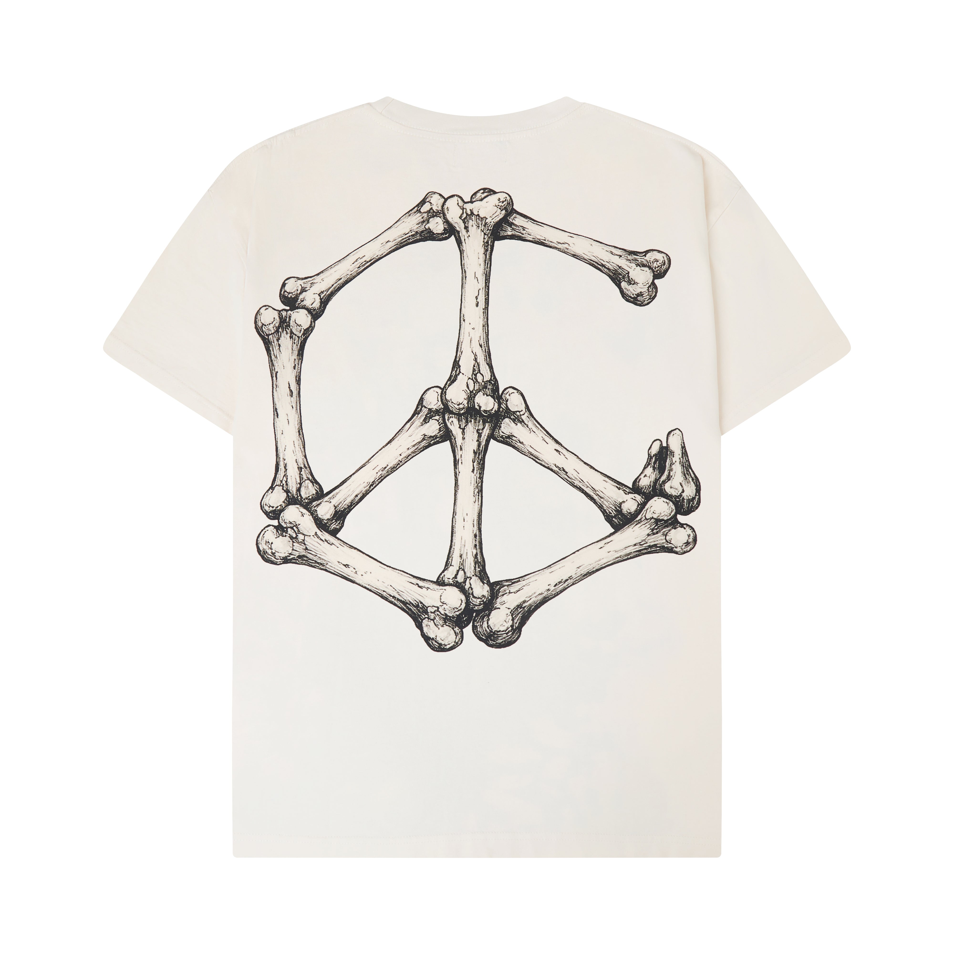 Campus Goods cream tee, back view featuring a large peace sign made of illustrated bones