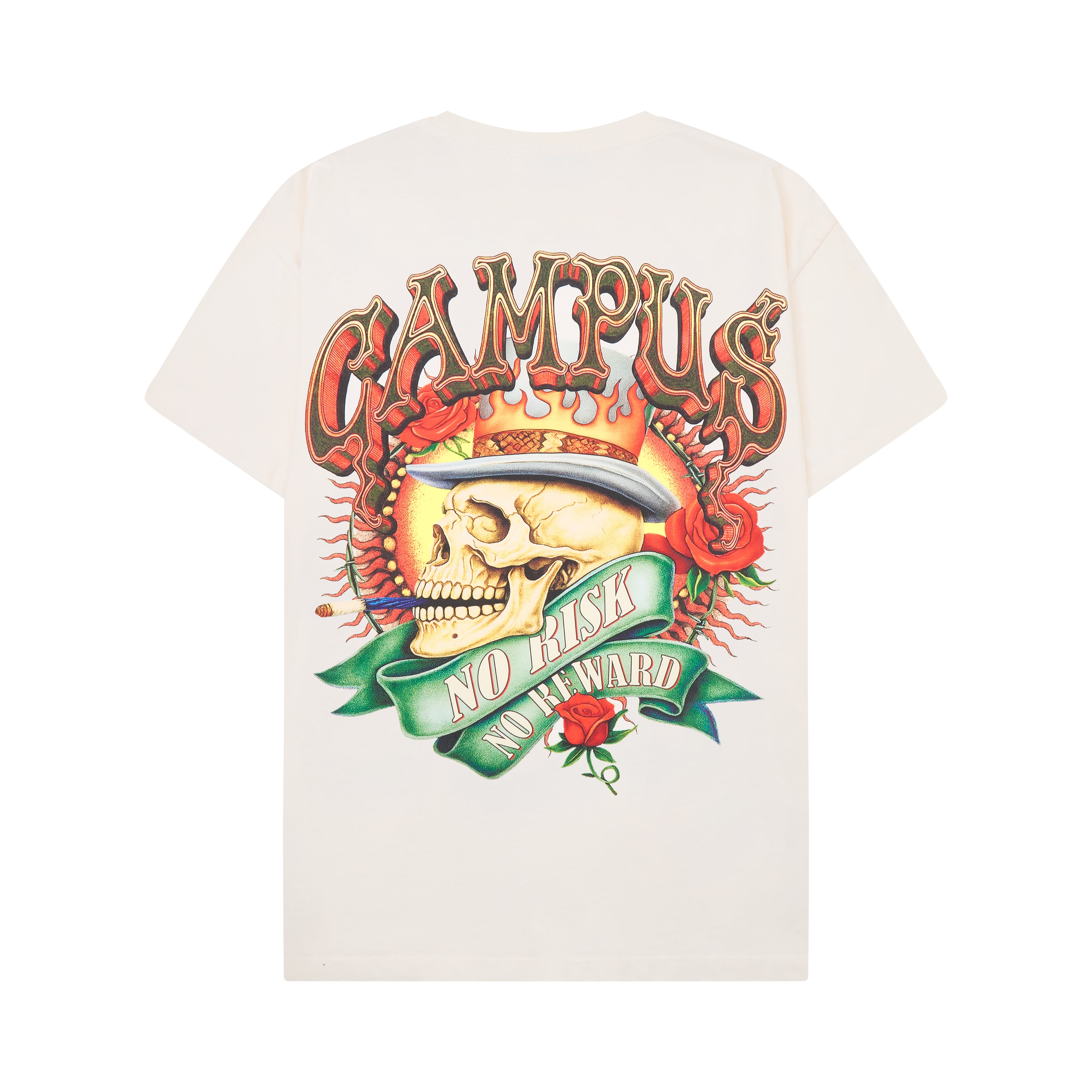 White t-shirt with a skull and text design on a white background