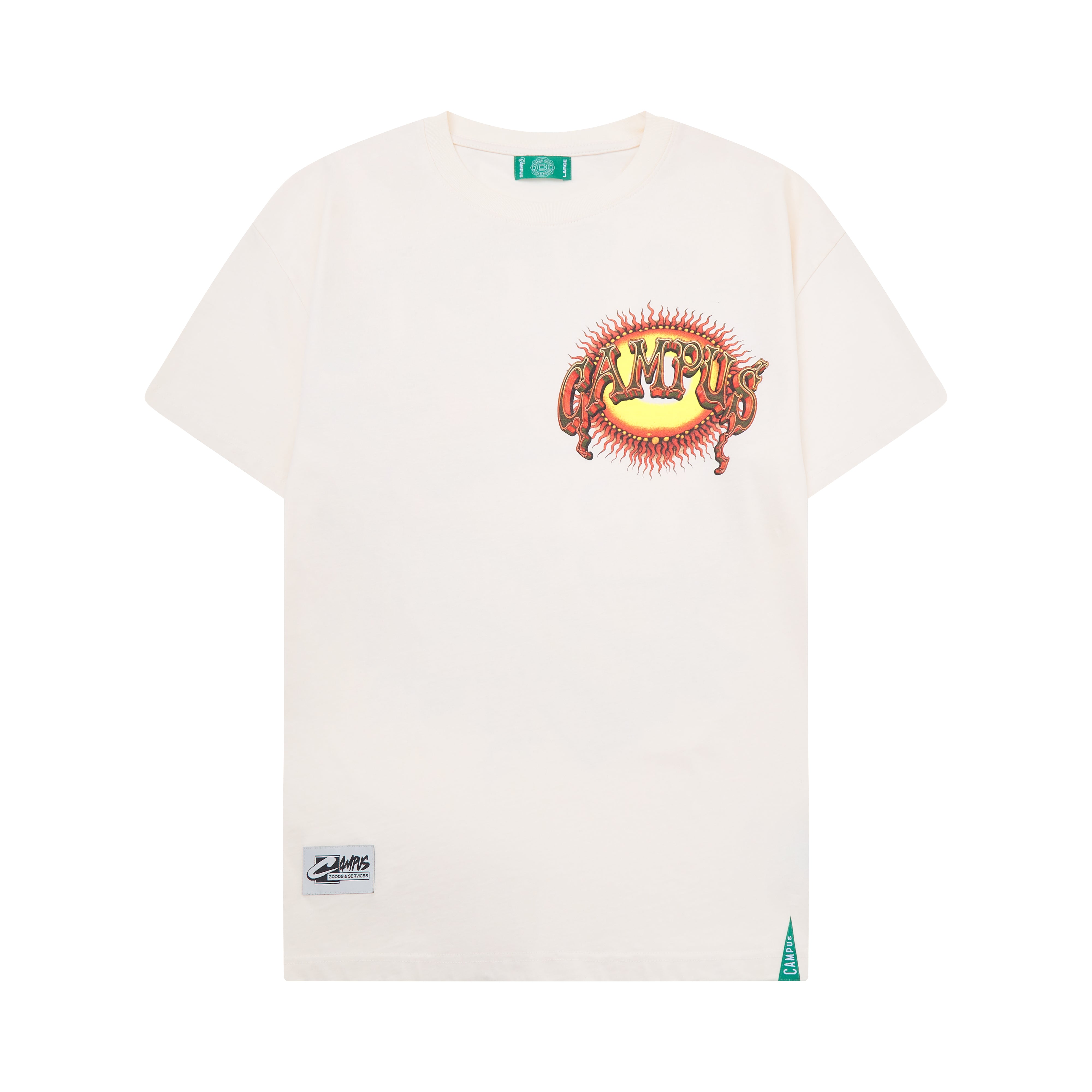 White t-shirt with a colorful graphic design on a white background