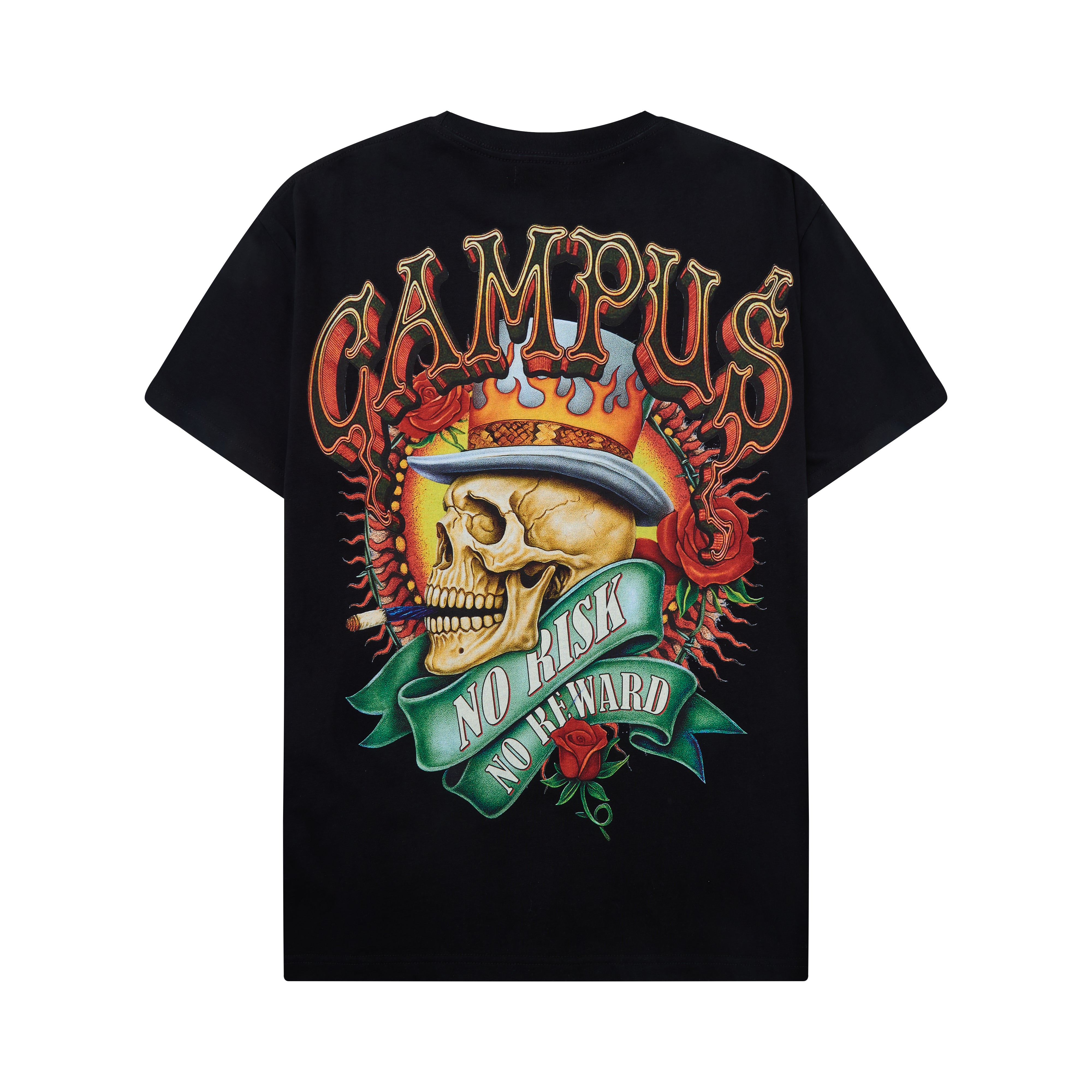 Black t-shirt with a colorful graphic design featuring a skull and text on a white background