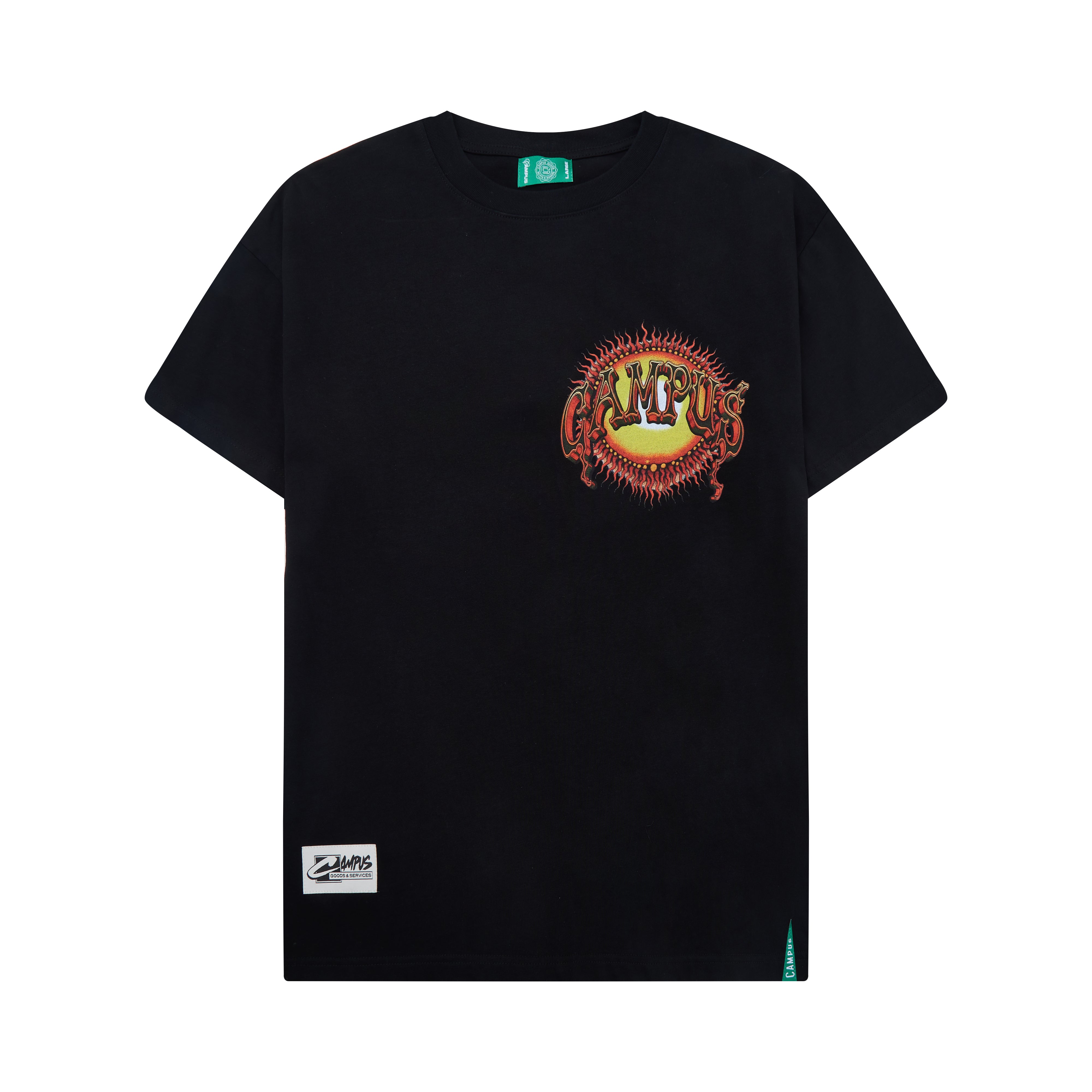 Black t-shirt with a colorful logo on a white background