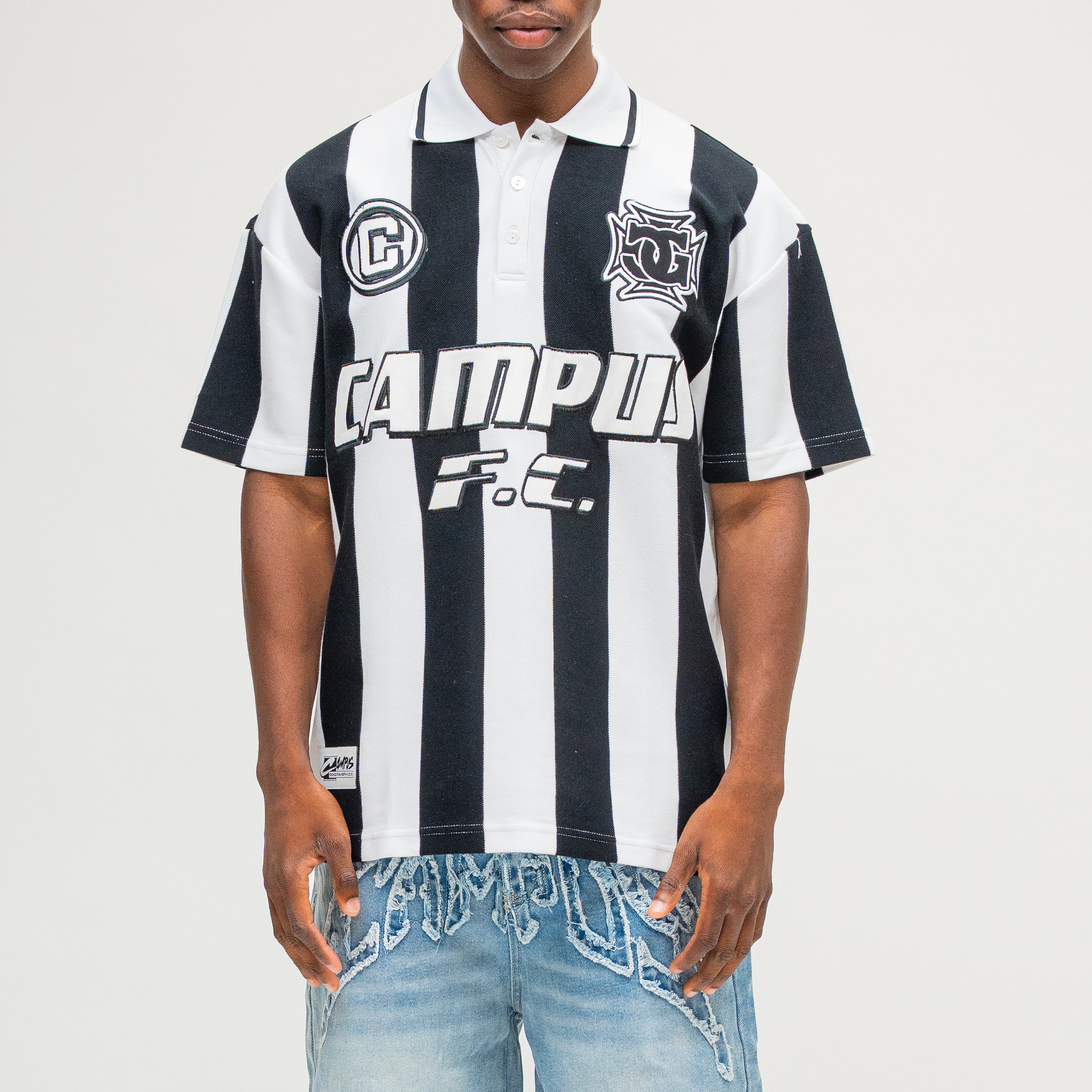 CAMPUS GOODS LA Striped SS Polo in Black, front view